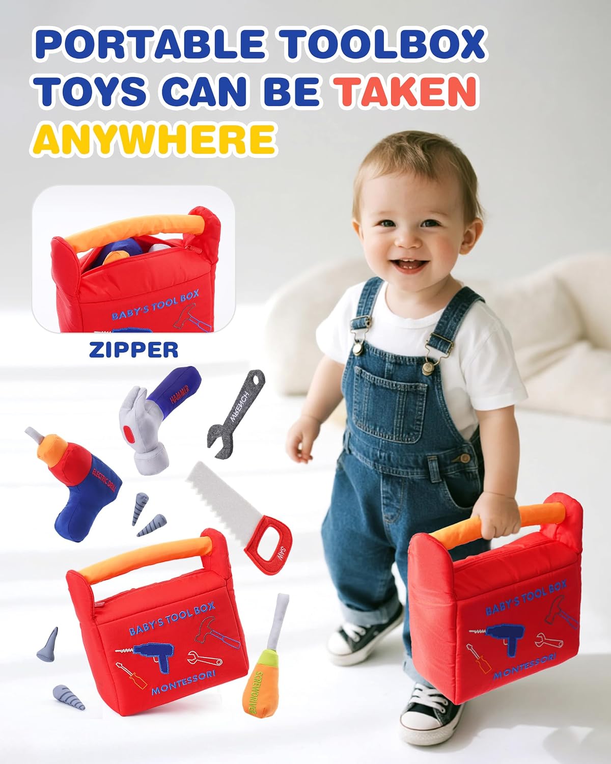 Jollybaby Soft Kid Tool Box Set Toy Inclub Drill Hammer Saw Wrench Screwdriver Screw for Baby, Montessori Preschool Educational Learning Construction Toys for Boy Birthday Gift - RED WN420