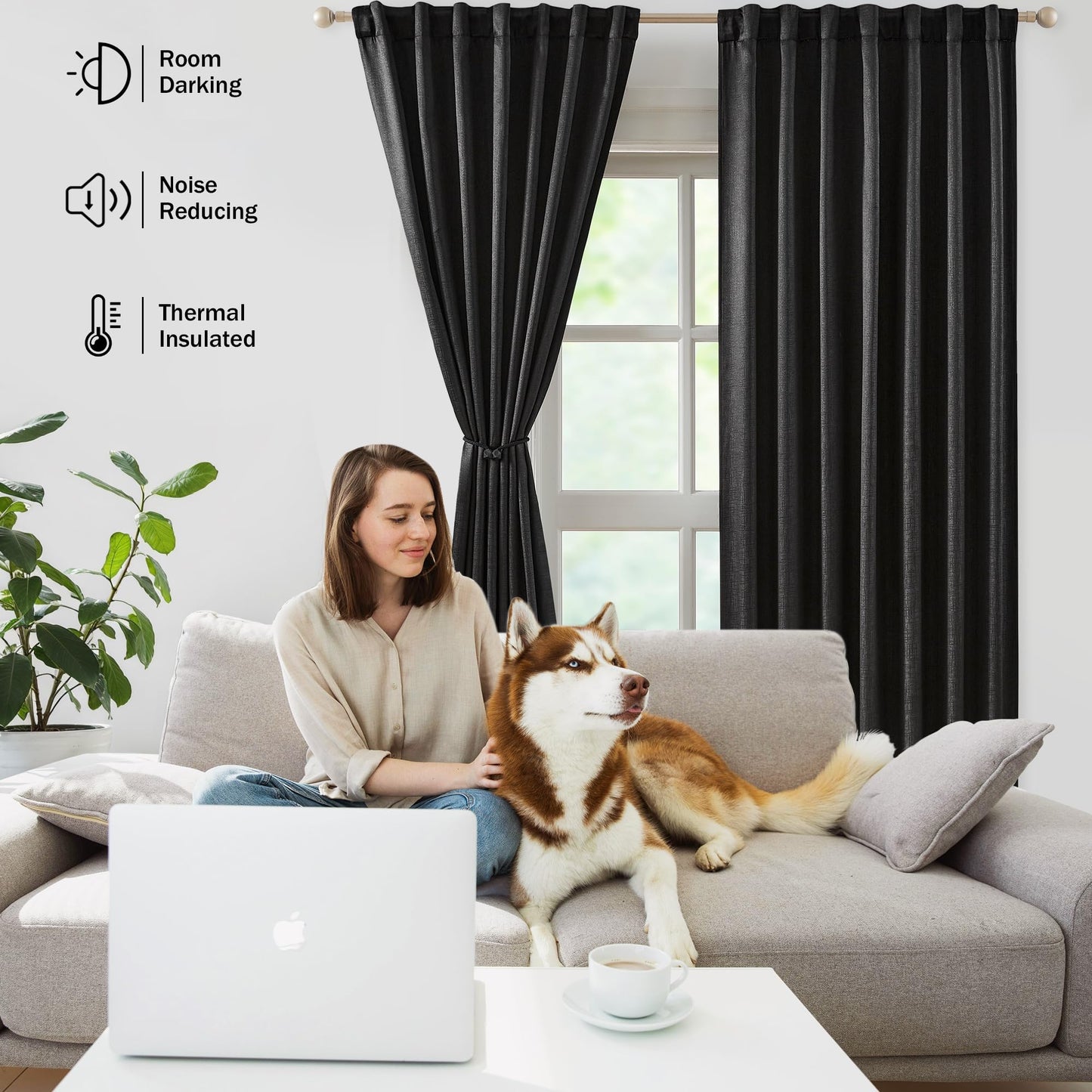 Bujasso Gray Jacquard Blackout Window Curtain Panels, 54" Wx84 Lx2 | Back Tab Rod Pocket with Magnetic Tiebacks,Thermal Insulated,85% Room Darkening Light Blocking Drapes for Bedroom Living Room BST326H
