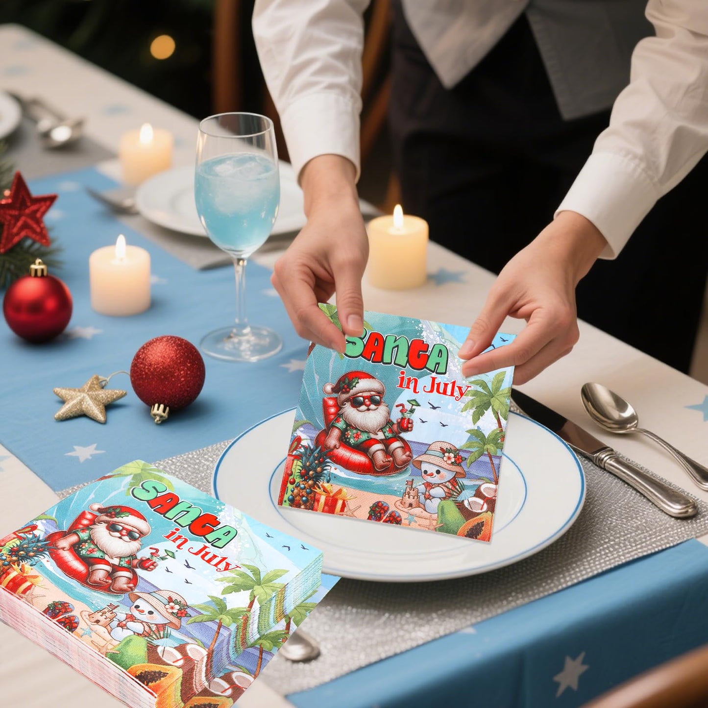 Gameza July Christmas Party Decorations, 50PCS There's Some Hohoho's in July Disposable Paper Napkins Decoration, Summer Xmas Beach Napkins Decor Supplies BST220