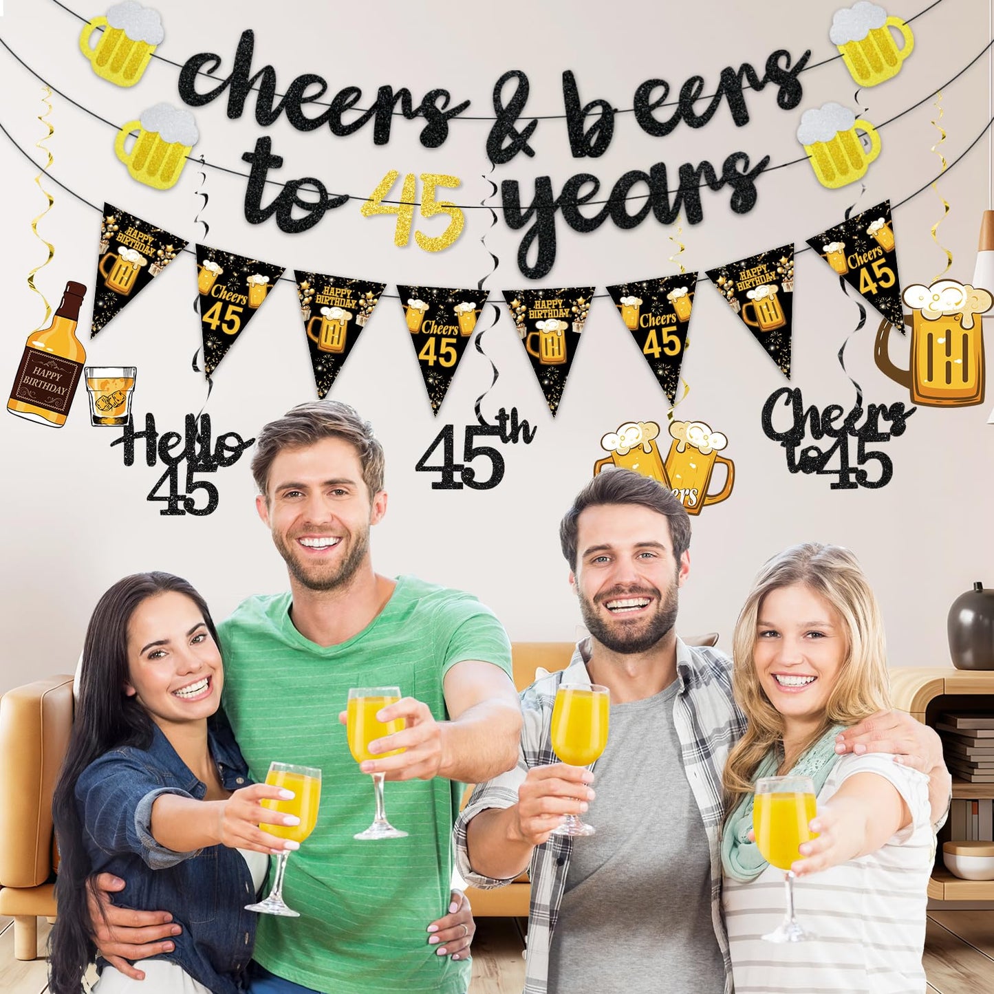 Black Gold 90th Birthday Decorations for Men Women, Glitter Pre-Strung Cheers to 90 Years Banner Hello 90 Hanging Swirls Paper Triangle Flag Banner Decorations Bday Party Supplies Kit WN420