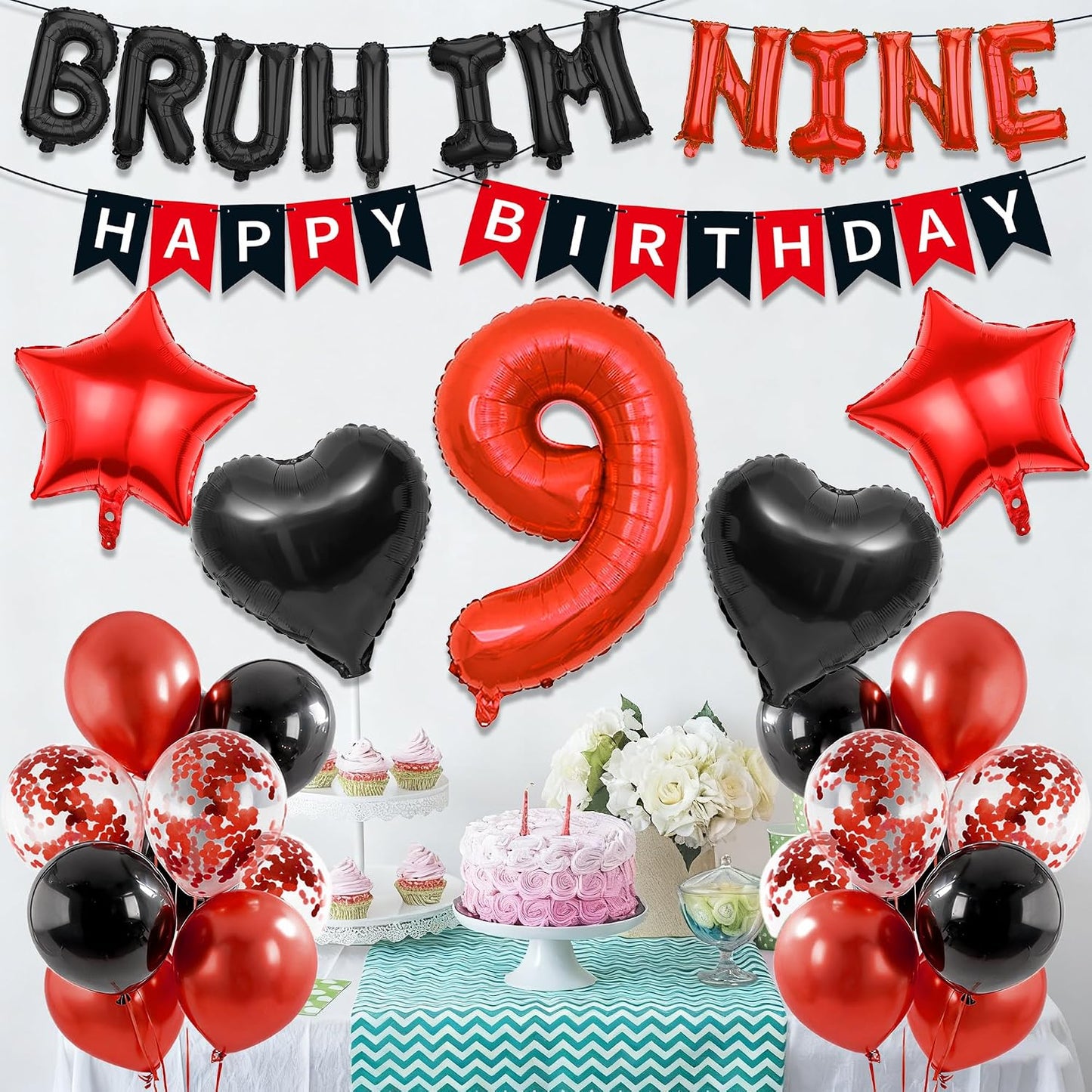 9th Birthday Decorations Boys Kit - 27 Pcs Red and Black Bruh Im Nine Balloon Banners Happy Birthday Fishtail Flags Number 9 Balloon Star Heart Balloons Set for 9 Year Old Party Decoration Supplies BST202