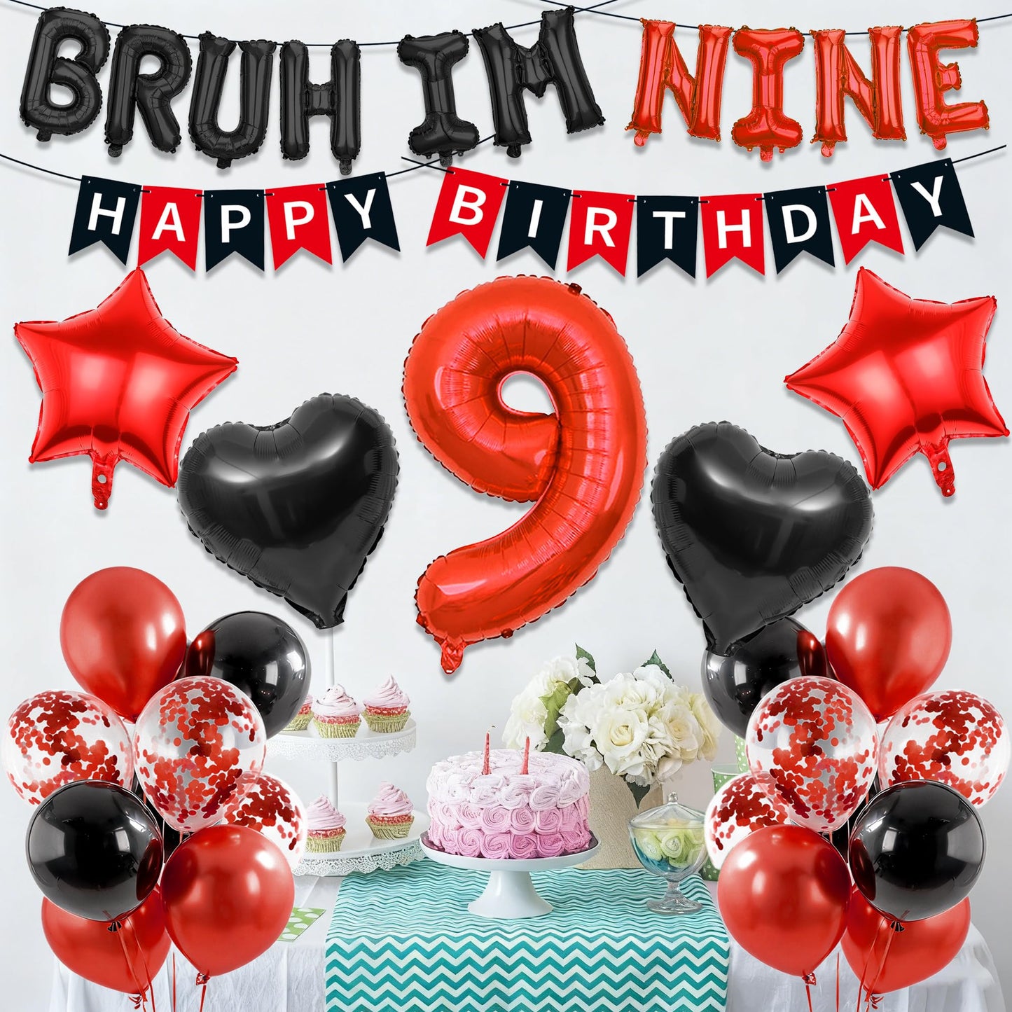 9th Birthday Decorations Boys Kit - 27 Pcs Red and Black Bruh Im Nine Balloon Banners Happy Birthday Fishtail Flags Number 9 Balloon Star Heart Balloons Set for 9 Year Old Party Decoration Supplies BST202