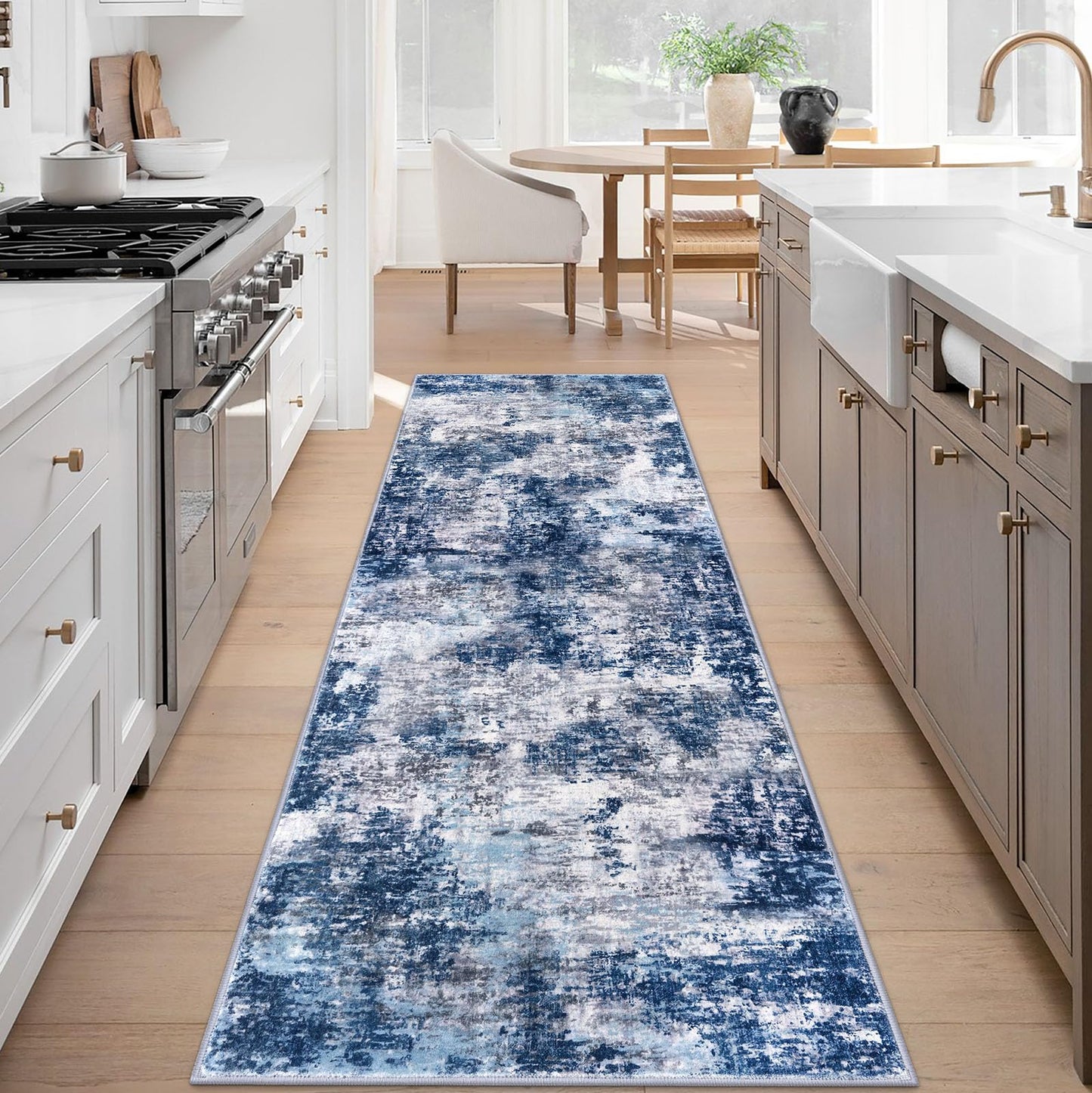 Lansny Modern Abstract Runner - 2x5, Beige Grey Washable Kitchen Entryway Rug Mat Non-Slip Soft Neutral Hallway Rug Thin Print Faux Wool Carpet for Bedroom Laundry Room Indoor BST220