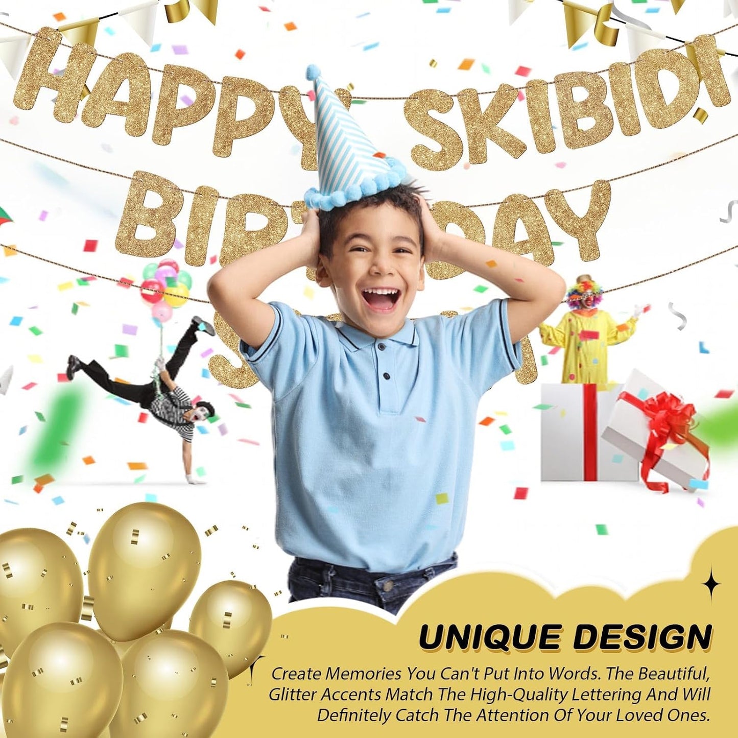 Fulmoon Pre Strung Happy Skibidi Birthday Sigma Banner Glitter Funny Zoomer Gen Z Slang Birthday Party Supplies Gen Z Slag Party Decorations Sign Gift(Champagne Gold) WN420