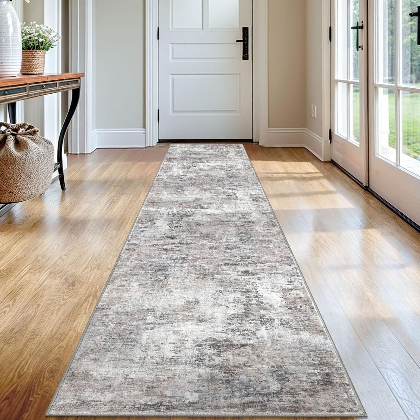 Lansny Modern Abstract Runner - 2x5, Beige Grey Washable Kitchen Entryway Rug Mat Non-Slip Soft Neutral Hallway Rug Thin Print Faux Wool Carpet for Bedroom Laundry Room Indoor BST220