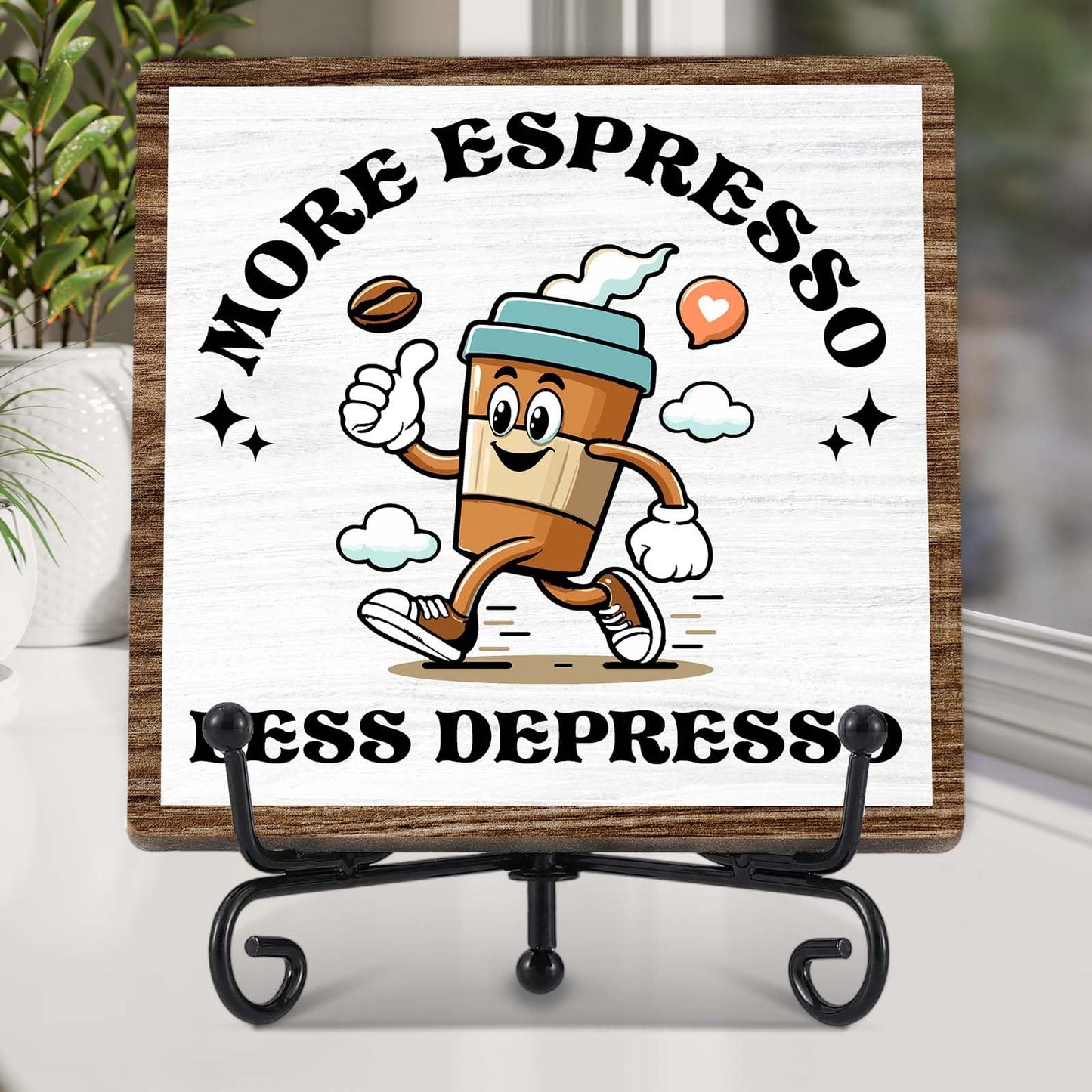 Coffee Bar Decor, Farmhouse Kitchen Table Decor, Coffee Station Accessories, Wooden Decorative Sign with Iron Stand for Table Desk Shelf Display-E21 BST220