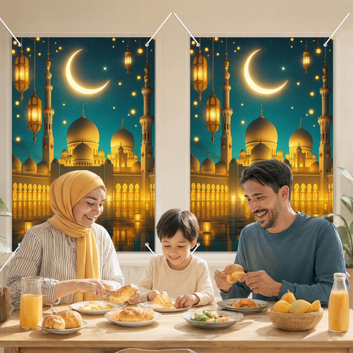 HOMETITUTE Eid Ramadan Window Banner Holiday Curtain Backdrop 31x47 Fabric | Mubarak Cover Festival Screen Windows Banner Hanging Living Room Bedroom Home Crescent Moon Star Pattern Design BST326H