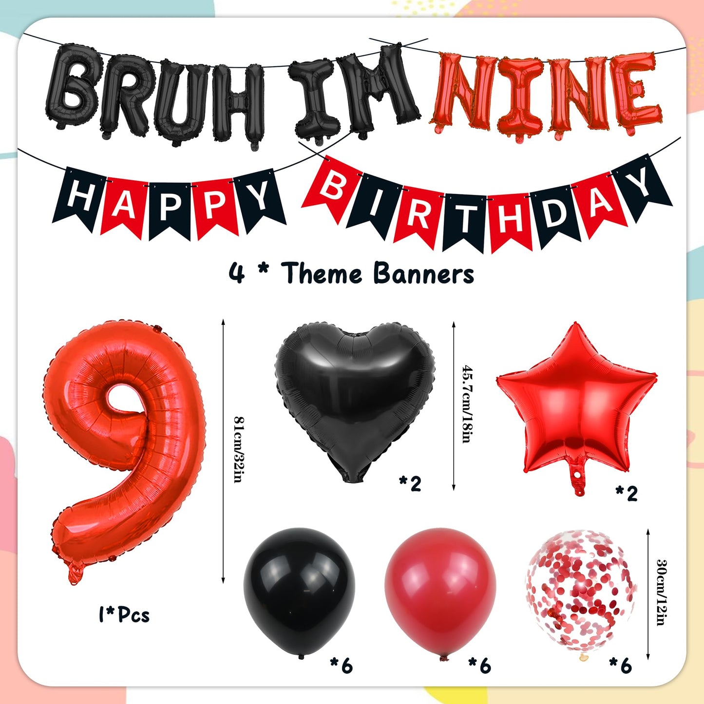 9th Birthday Decorations Boys Kit - 27 Pcs Red and Black Bruh Im Nine Balloon Banners Happy Birthday Fishtail Flags Number 9 Balloon Star Heart Balloons Set for 9 Year Old Party Decoration Supplies BST202