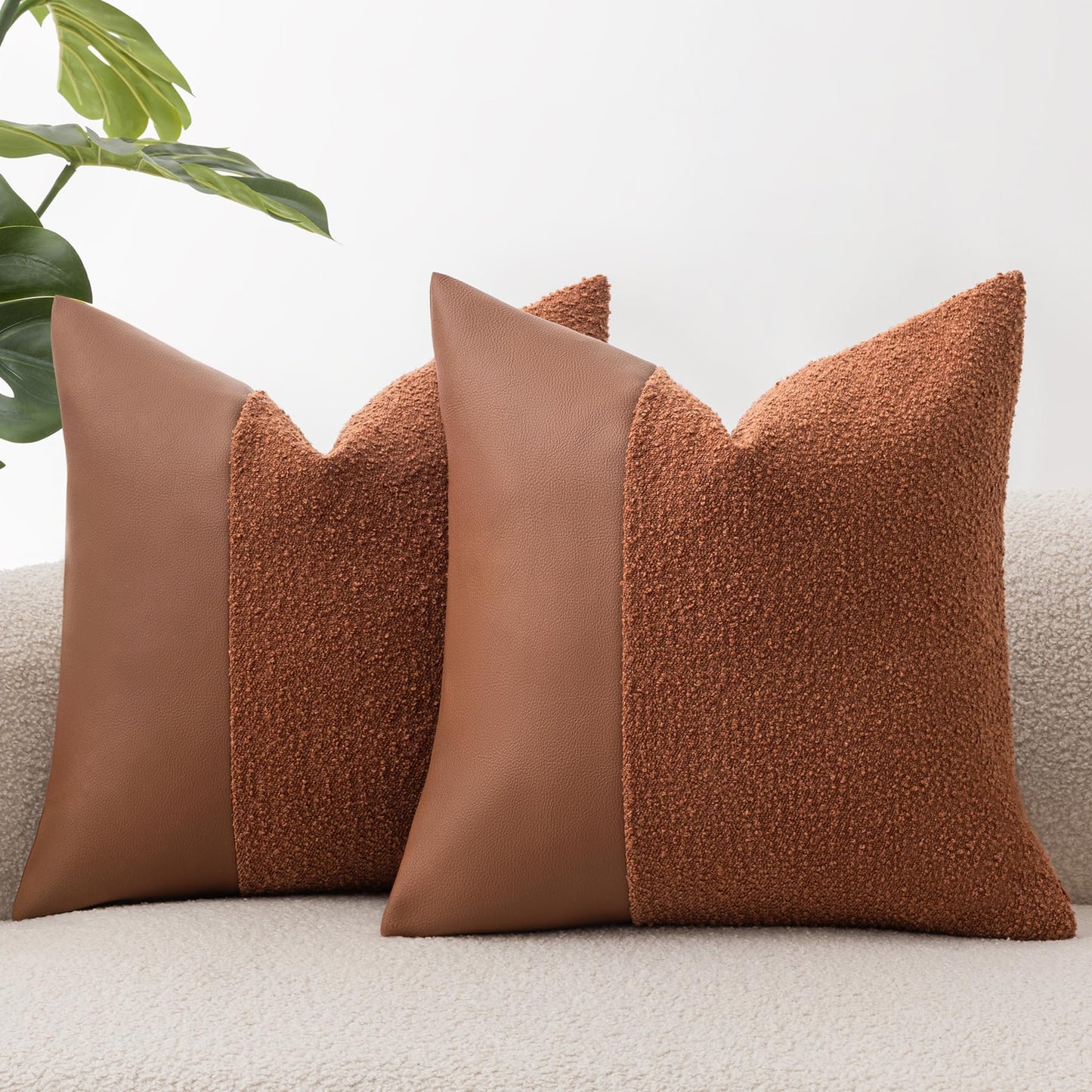 Set of 2 Fluffy Boucle Pillow Covers 18"x18", Oatmeal Textured Throw Pillow Covers with Faux Leather Accents, Boho Decorative Pillow Cases for Couch, Bed, or Farmhouse Home Decor BST220
