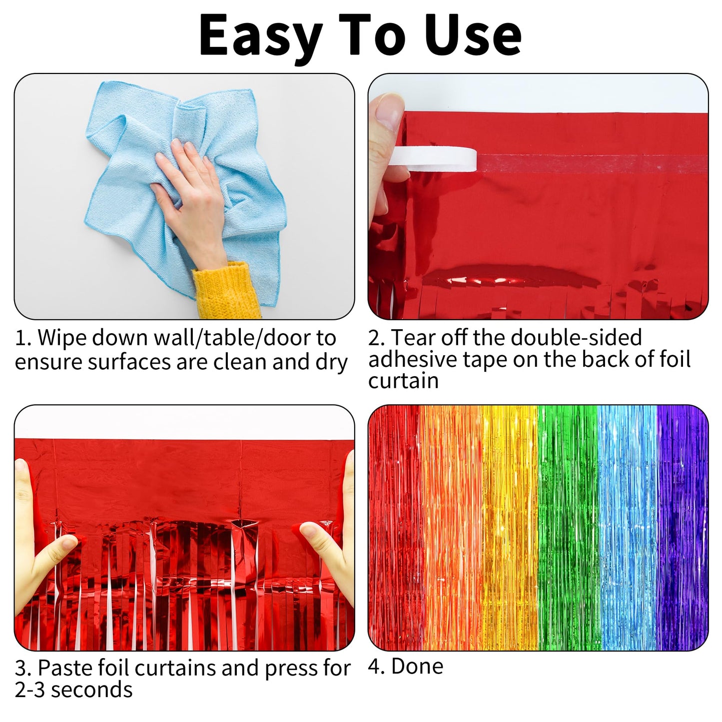 Back to School Decorations, 3.2x8.2 FT Thicken Rainbow Party Streamers Foil Fringe Backdrop Curtains 4 Pack BST326H