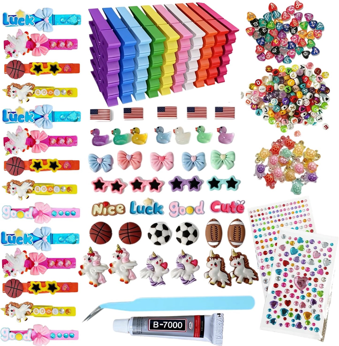 50pcs Cheer Pins Kit: Wooden Cheer Clothes Pins (2.8 inches) with Over 380 Unique Clip Charms, Including Cheer Pins for Cheerleaders, Zodiac Symbols, American Flag, Glowing Ducks and Turtles BST326H