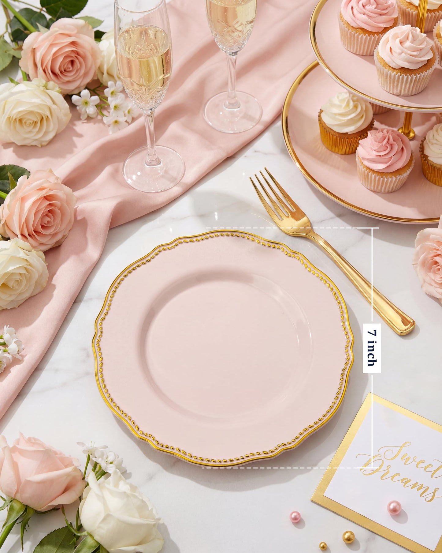 Hioasis 60pcs Pink Plastic Plates - Pink and Gold Disposable Dinnerware with Gold Rim N26