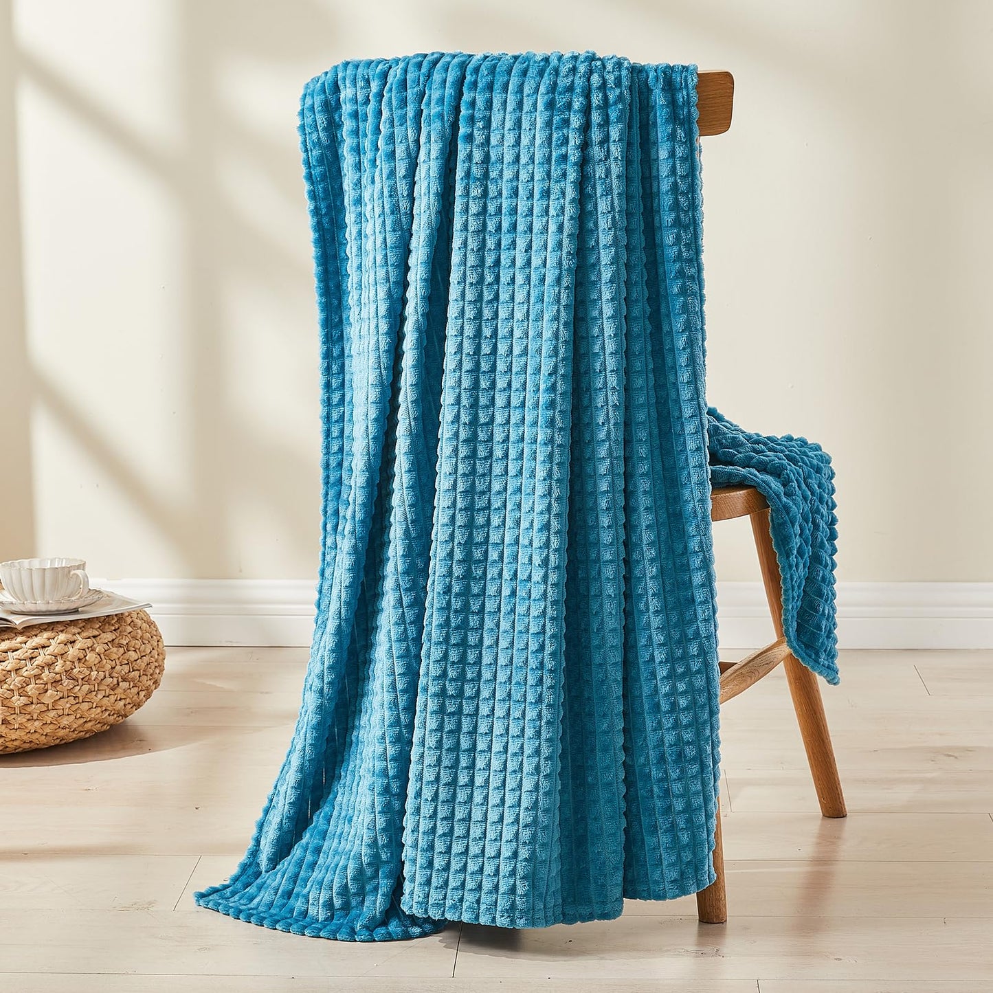EMME Fleece Blanket, 3D Jacquard Throw Blanket for Couch and Bed, Soft Cozy and Fluffy Blankets Lightweight Luxury Flannel with Waffle Design (Navy Blue, 50" x 60") BST202