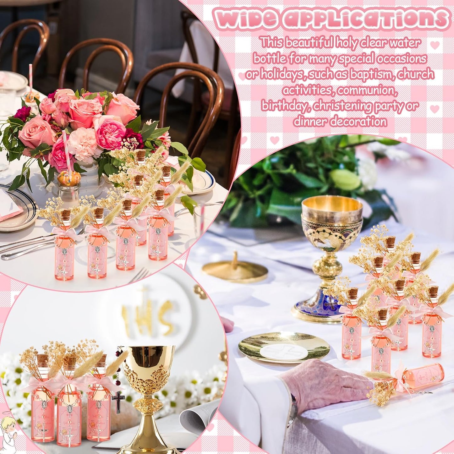 Highergo 50 Set Catholic Holy Water Bottles Cross Rosary Set Baptism Party Favors 50ml Christian Clear Plastic Holy Water Containers Cork Stopper for Church First Communion Wedding Table Newborn(Pink) BST326H