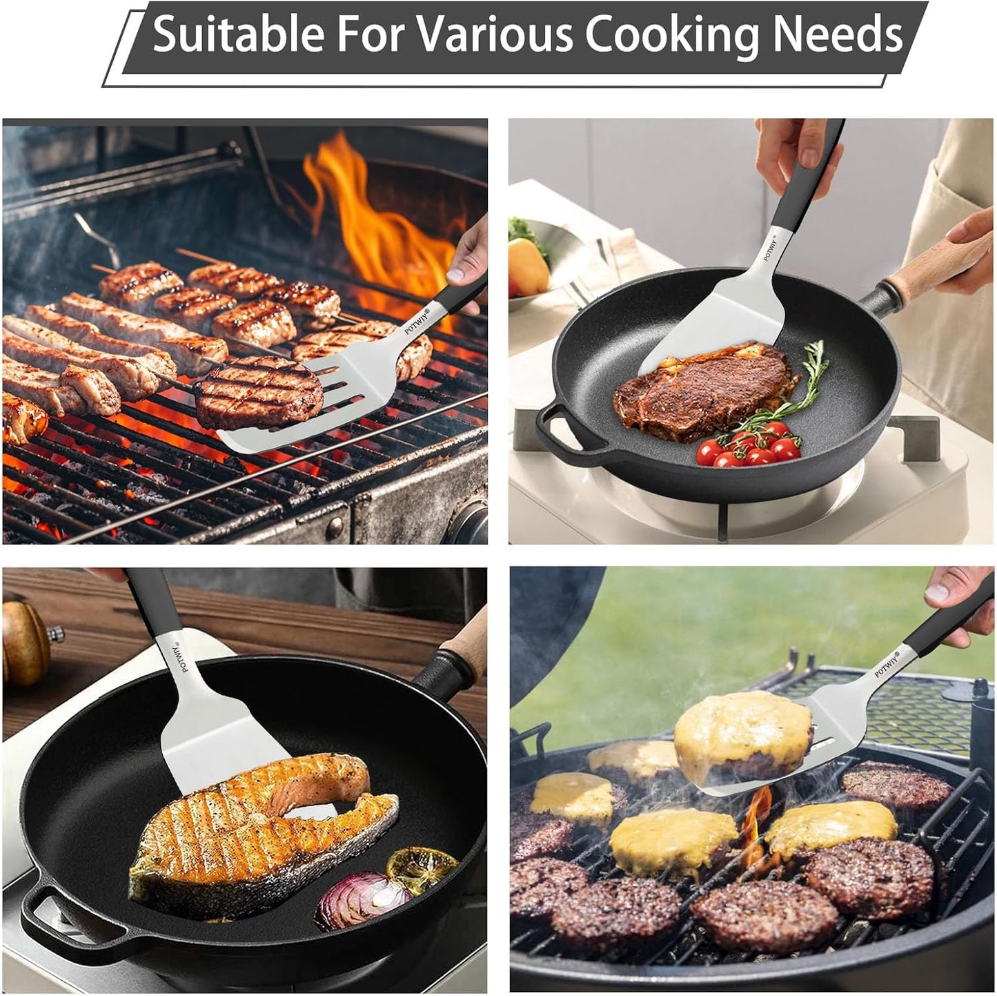 Stainless Steel Wide Spatula Set, Heavy Duty Large Metal Spatulas for Cast Iron Skillets Griddle and BBQ Grill, Solid and Slotted Turner with Silicone Handle for Smash Burgers and Pancake BST326H
