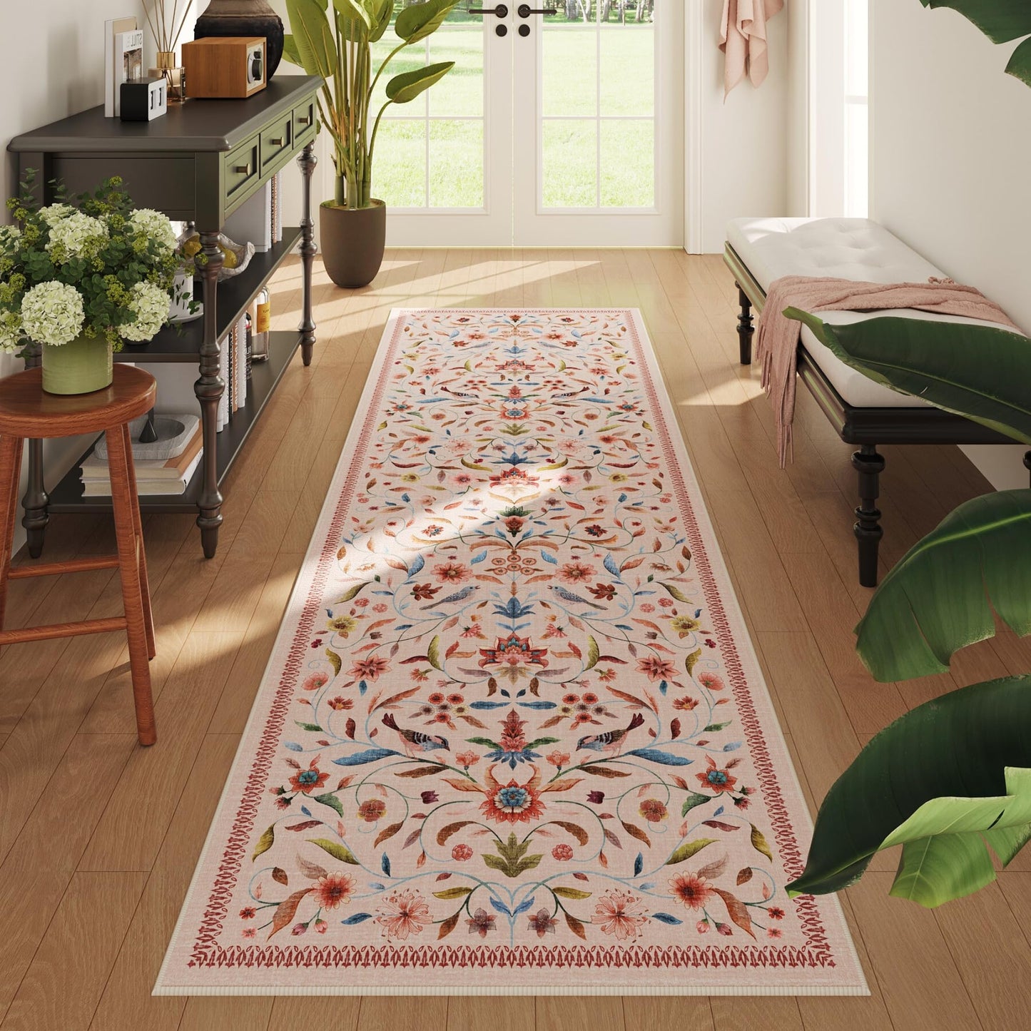 Vintage Medallion Floral Kitchen Runner 2x6, Machine Washable Rug, Soft Low Pile, Non-Slip Carpet for Hallways, Laundry, Bedroom, Bathroom, Entryway | Pink BST220
