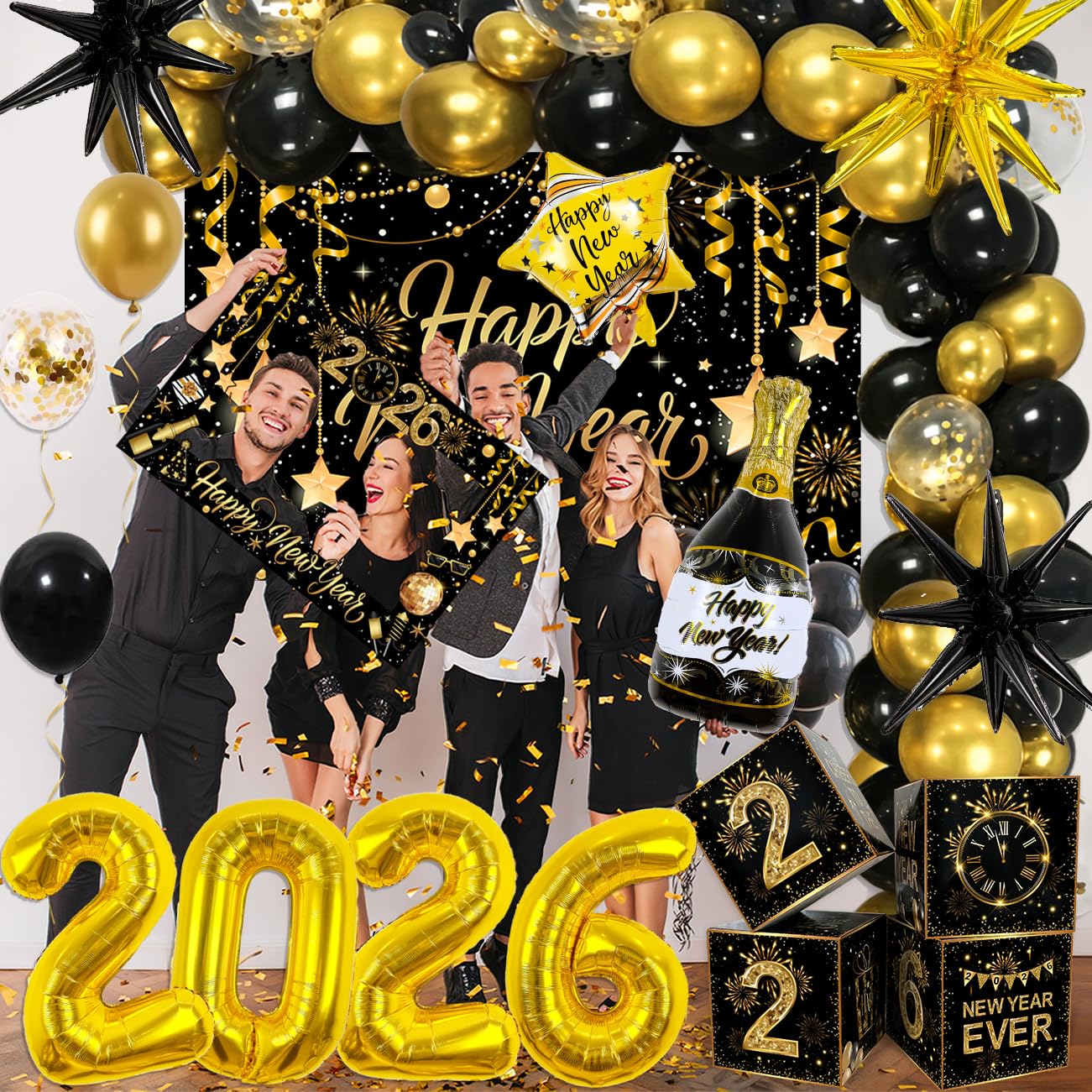 2026 Graduation Decorations Class of 2026 Black and Gold Congrats Grad Balloons,Banner,Backdrop,Photo Booth Props,Cards Boxes Kit for Graduation Party Decorations in Indoor or Outdoor (Graduation) BST326H