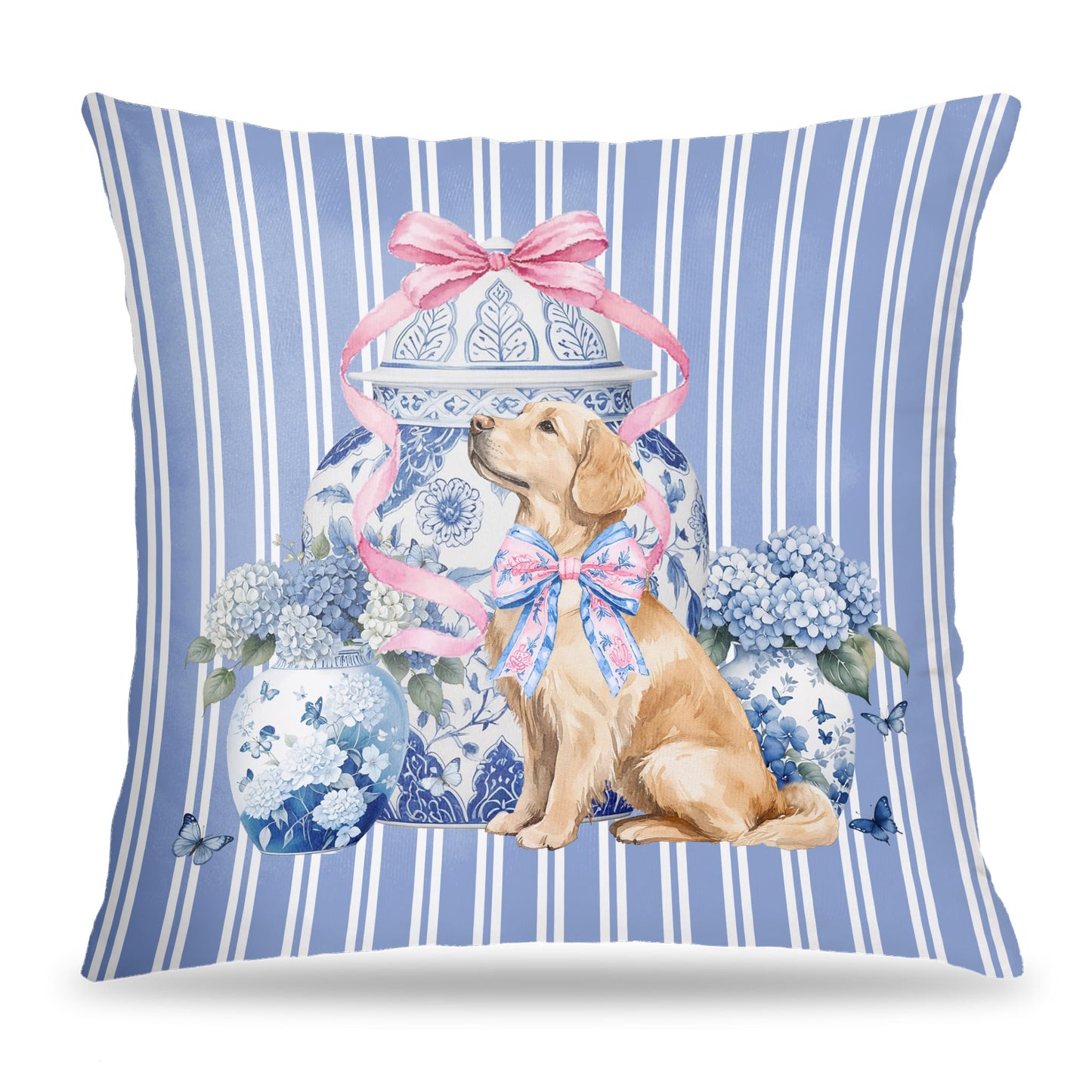 Coquette Pink Chinoiserie Bow Dachshund Pillow Covers 18x18, Dachshund Gifts for Women, Preppy Pink Striped Cute Weiner Dog Decorative Pillow Covers for Girls Bedroom Living Room Home BST202