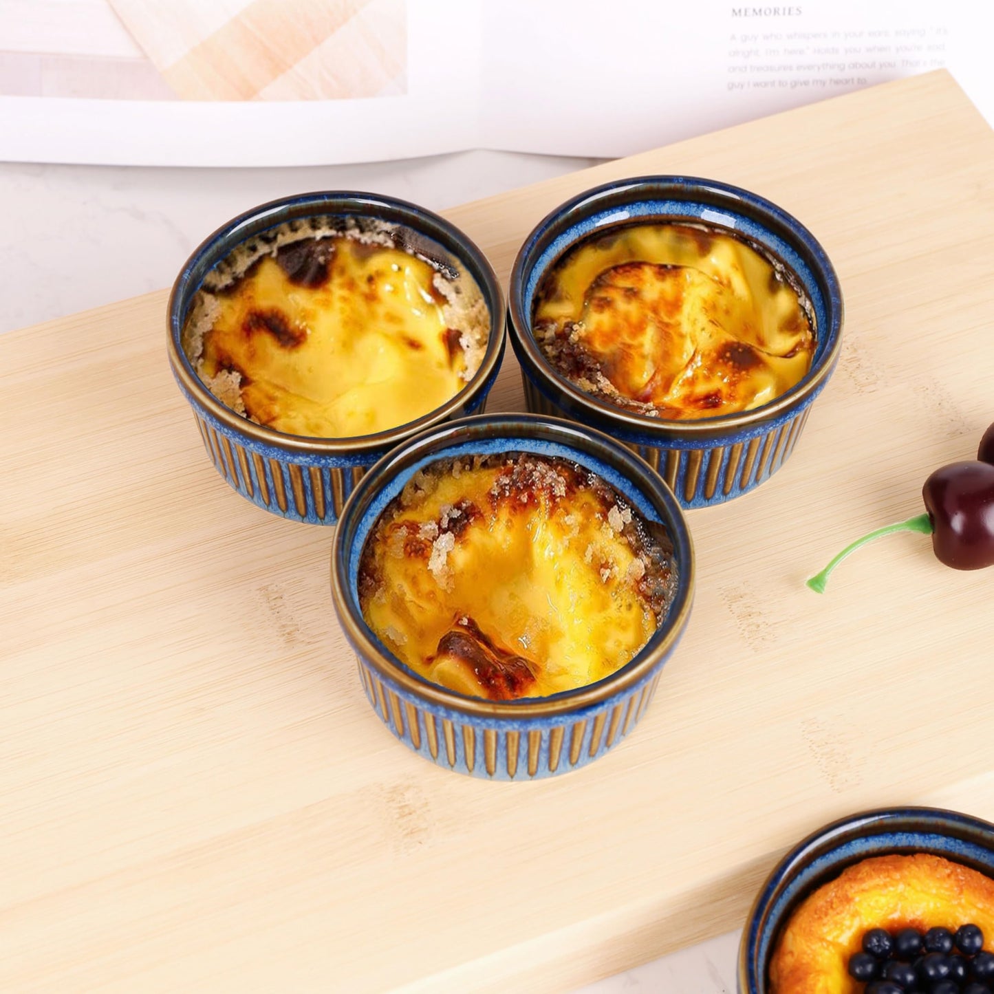 4oz Ramekins Set of 4,Creme Brulee Ramekins Oven Safe,Ceramic Custard Cups Ramiken for Baking,Souffle Ramekin Bowls for Pudding Ice Cream,Blue BST220