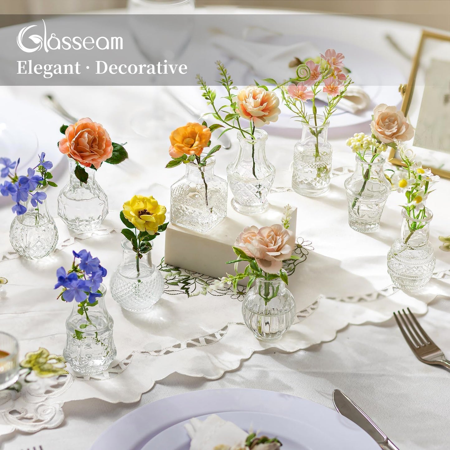 Glasseam Mini Bud Vases for Centerpieces: 20Pcs Clear Glass Vases in Bulk | For Single Flowers, Small Stems, Tiny 2.7", Embossed Thick Glass, Wedding, Party, Baby Shower, Dining Room Table Decoration BST326H