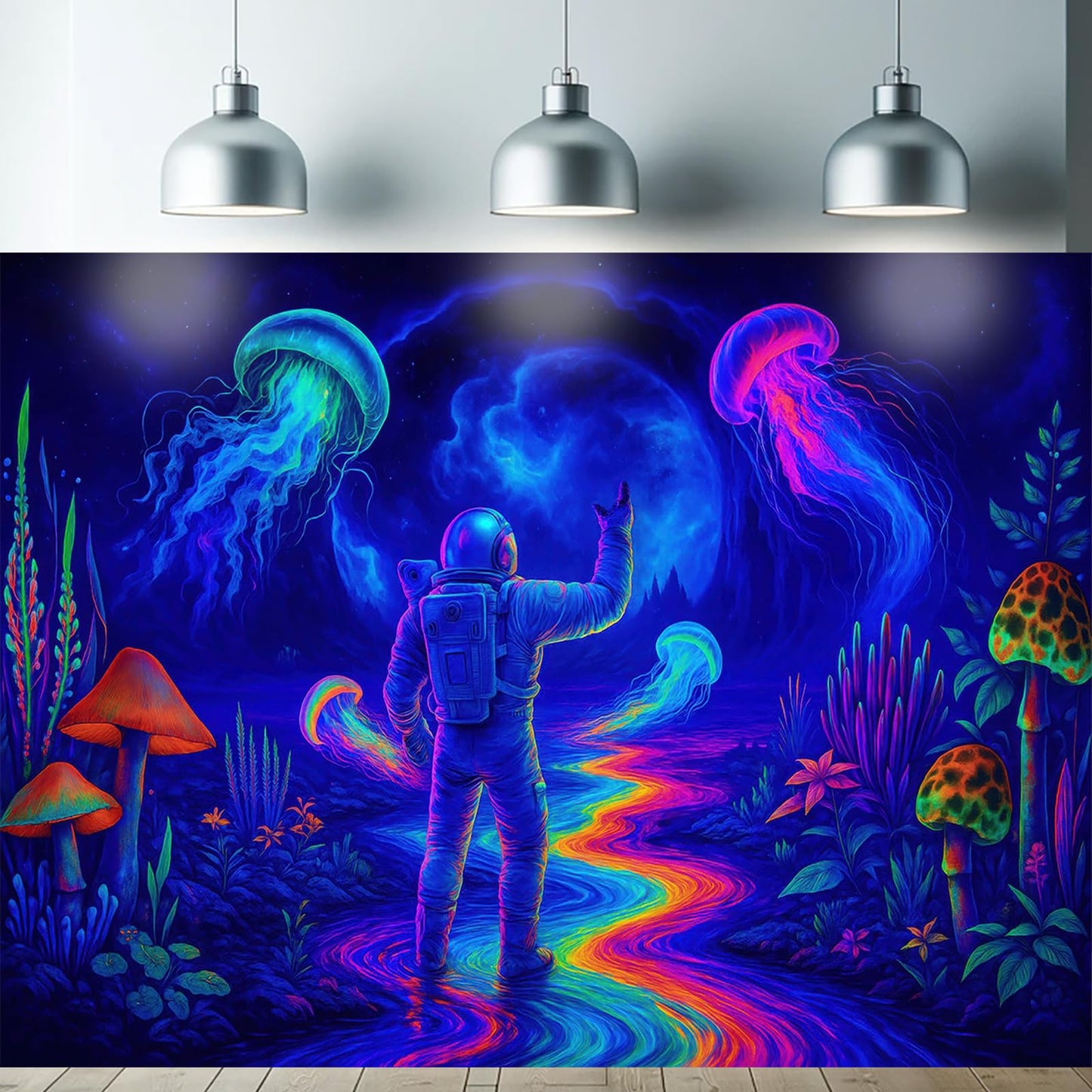 Starlit Patio Astronaut Blacklight Tapestry Trippy Forest Moon Vortex UV Reactive Galaxy Wall Hanging Psychedelic Space Poster Fluorescent Sci Fi Room Decor for Bedroom Dorm Gaming Lounge 78 x 59 Inch BST220