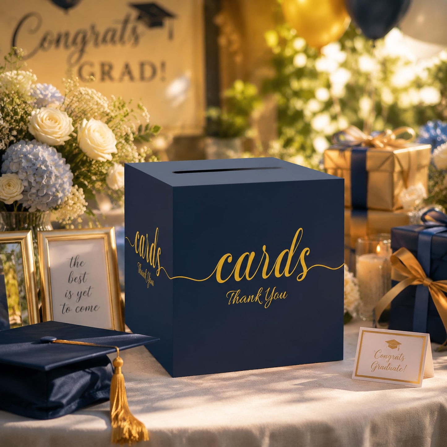 1 Pack White and Gold Wedding Card Box for Party Graduation Bridal Baby Shower Retirement Decorations Cardboard Birthday Card Holder Raffle Ballot Voting Box with Slot 7.8 x 7.8 x 7.8 In BST220