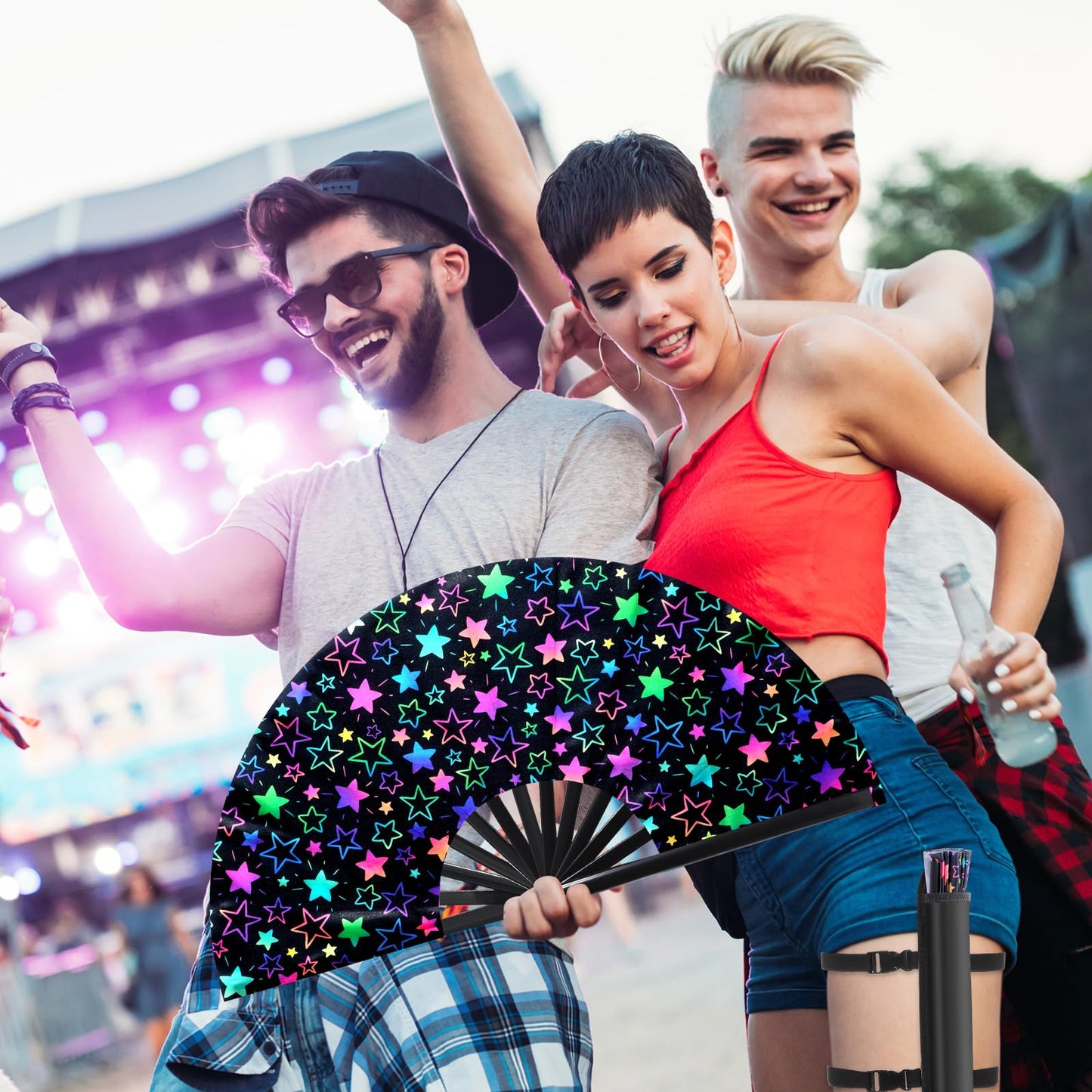 FairySandy Large Rave Fan UV Glow Clack Summer Hand Fan with Thigh Holster for Women Carnival Party Supplies for Carnival Edm Music Festival Club Accessories(Cool Style,Black) WN420