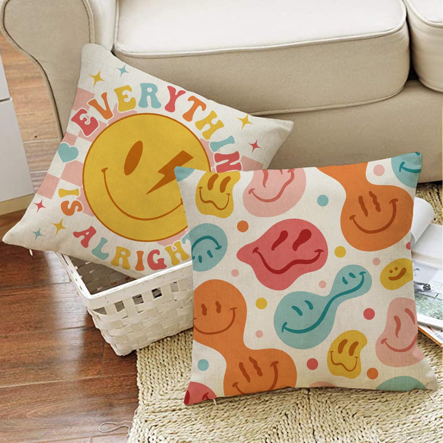 Groovy Smiling Face Inspirational Decorative Throw Pillow Covers | 20 x 20 Set of 4, Pink Hippie Smile Flower Porch Outdoor Home Decor, Motivational Quote Everything is Alright Couch Cushion BST202