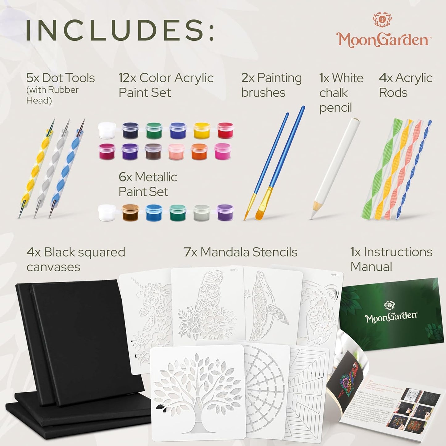 MoonGarden Mandala Dot Painting Canvas Kit – Complete Canvas Art Set with Stencils, Acrylic Paint, Dotting Tools & Canvases – Mindful DIY Craft Kit for Adults - Relaxing and Creative Activity BST326H