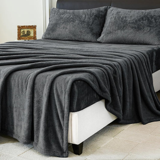 Faux Fur Queen Sheet Set, Luxury Soft Fleece Bed Sheets, Fluffy Plush Velvet Sheets Fuzzy Bedding Sheets for Fall and Winter, Cozy Warm, No Shedding, 4PC, Dark Grey BST326H