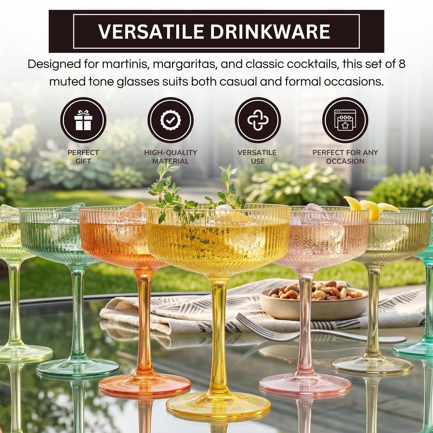Khen Pink Peach Acrylic Ribbed Coupe Martini Champagne Cocktail Glasses, Set of 4, 8 oz Shatterproof Ripple Stemware European Style Reusable Drinkware Goblets, Indoor Outdoor Parties Weddings Bar Gift BST220