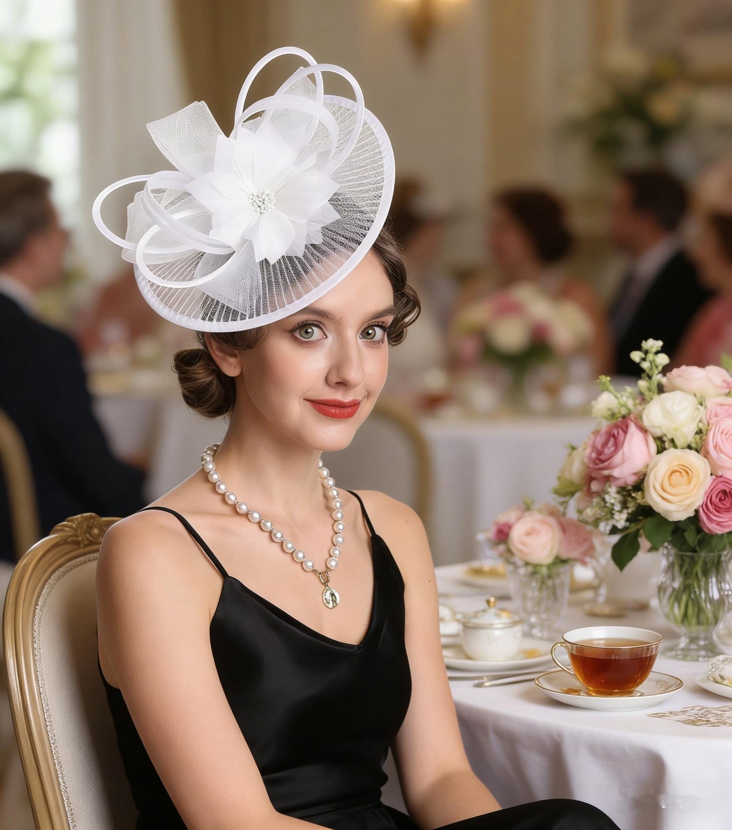 SAFERIN Elegant Women's Fascinator Hat with Veil and Feather Hair Clip Headpiece for Weddings Tea Party WN420