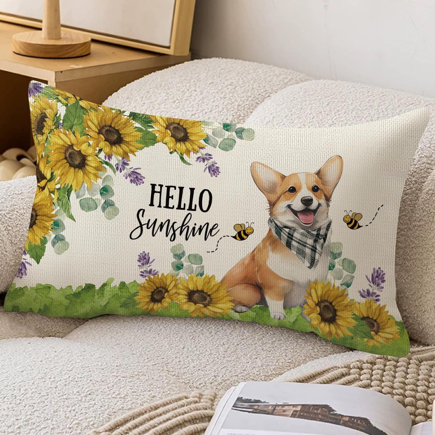 Sunflower Corgi Dog Lumbar Throw Pillow Cover 12x20 Inch Summer Cushion Case Decoration for Sofa Couch BST202