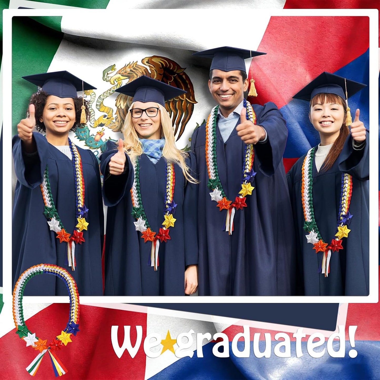 50 Inch Mexican Graduation Leis Class of 2026 Graduation Leis with 6 Satin Flowers Grad Necklace Gift for Filipino Mexico Philippines Italian Graduates BST202