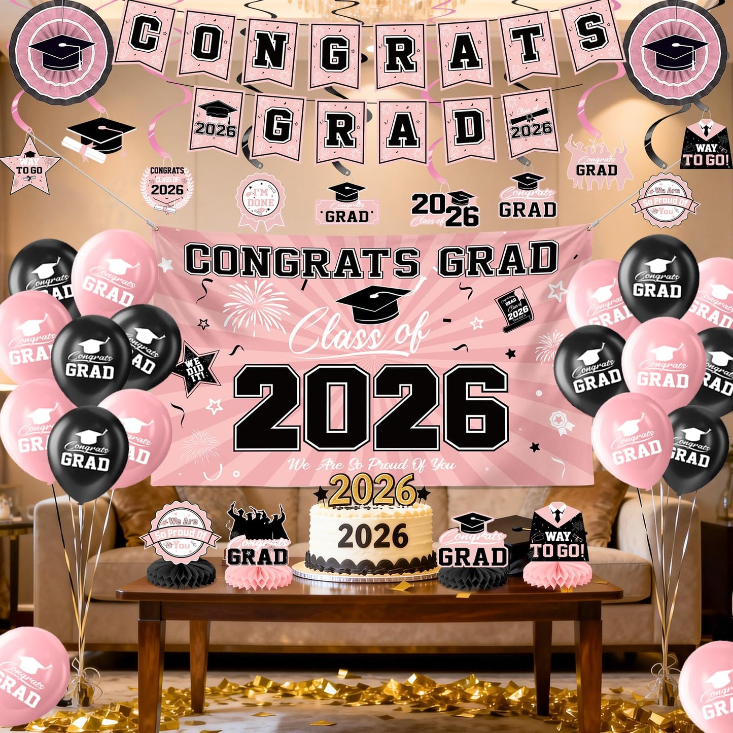 Graduation Decorations 2026-Blue and Black Graduation Party Decorations Supplies Class of 2026 with Graduation Banner, Backdrop, Balloons, Centerpieces, Hanging Swirl for Grad Party BST326H