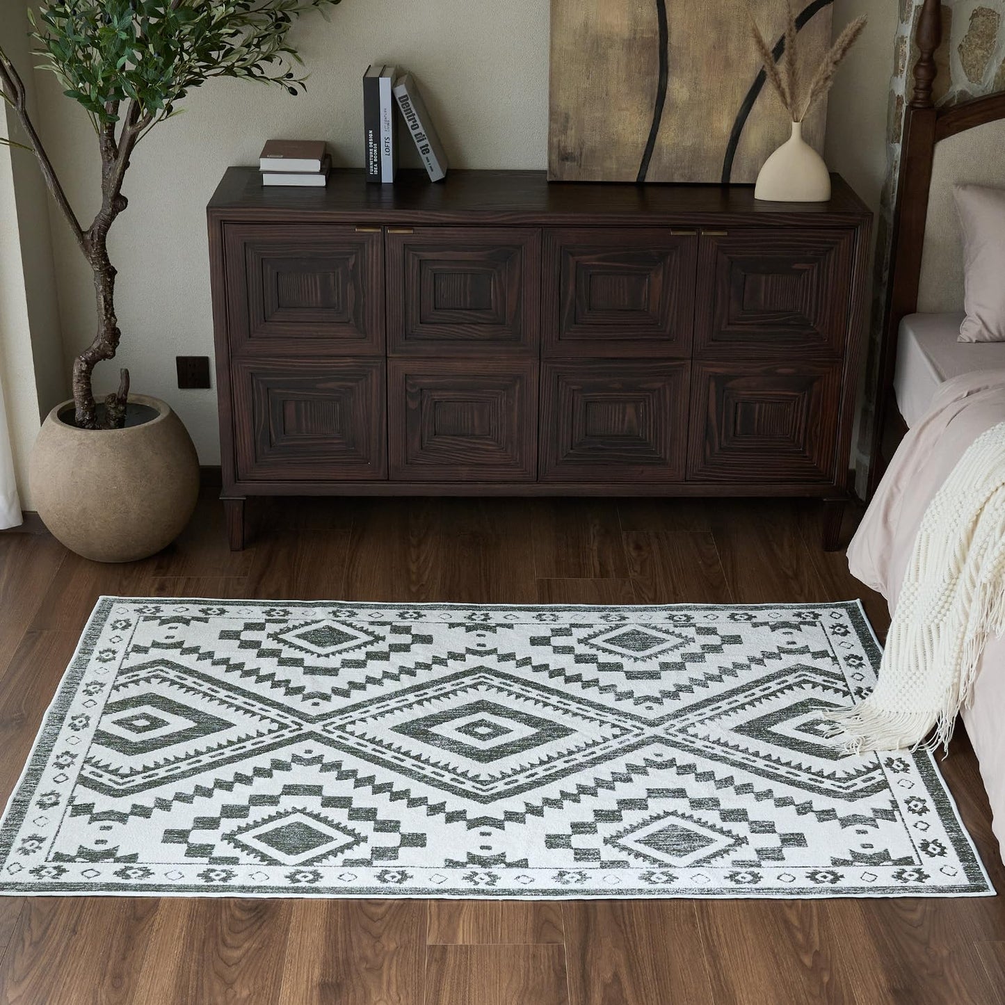 Moroccan Washable Area Rug 3x5, Geometric Tribal Decorative Woven Rug, Non-Slip Boho Farmhouse Soft Low-Pile Area Rug for Living Room Bedroom Nursery Dining Table, Dark Brown/White BST326H