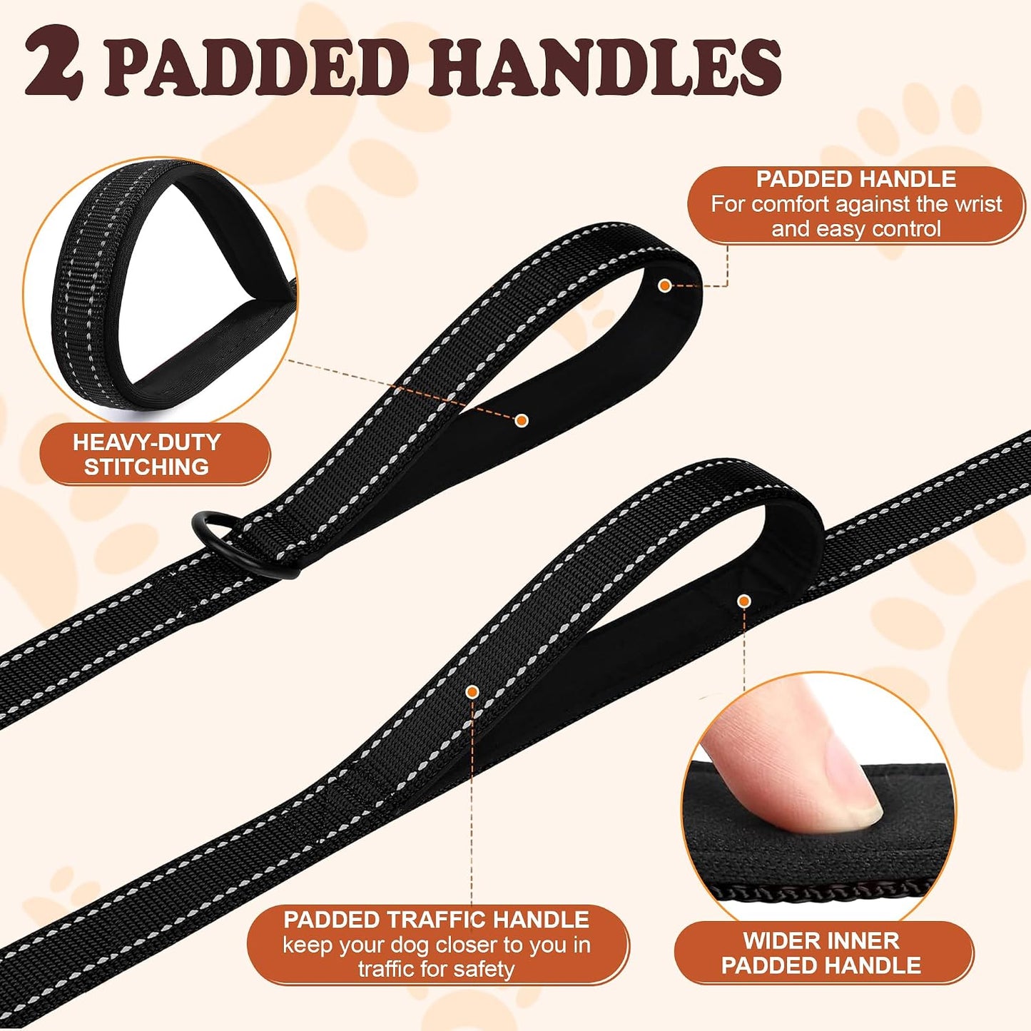 6FT Heavy Duty Dog Leash with Double Padded Handles, Traffic Handle & Reflective Nylon, Durable Walking Lead with Easy Snap Hook for Large, Medium & Small Dogs WN420
