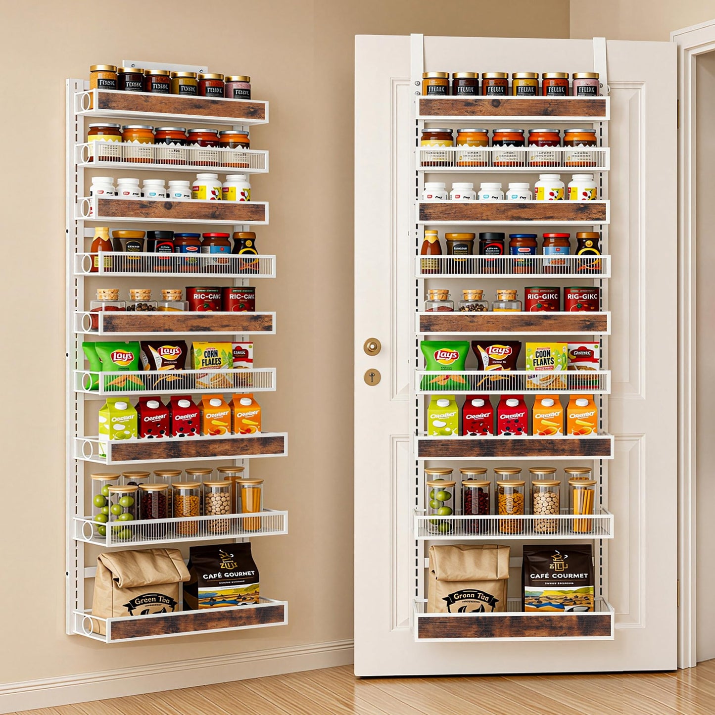 6 Tier Pantry Door Organizer Spice Rack, 2-IN-1 Wall Mount or Hanging Over Door Seasoning Organizer with Adjustable Baskets, Heavy Duty Behind Door Storage Shelves for Pantry, Cabinet and Kitchen BST220