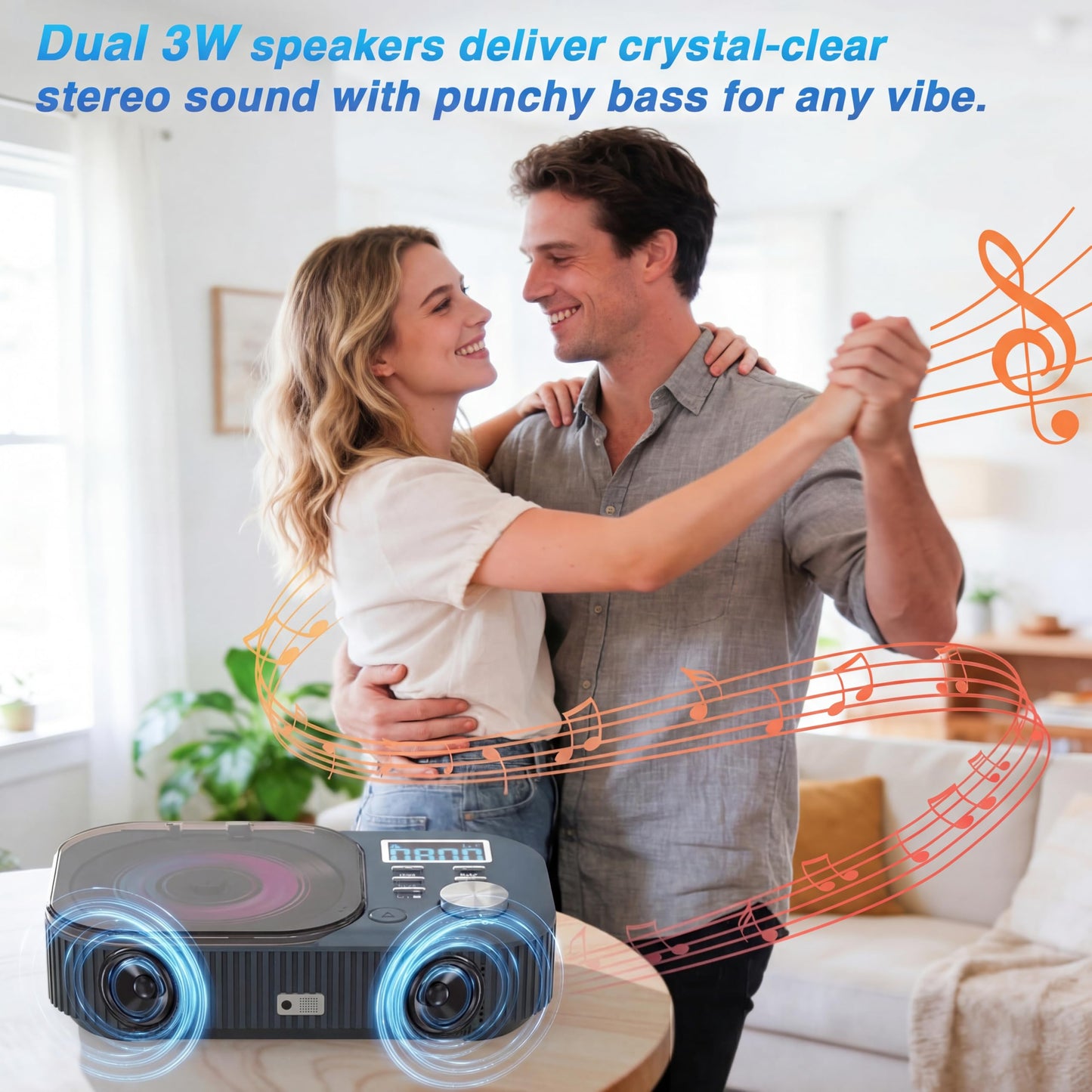 CD Player Portable,MONODEAL White Noise Portable CD Player with Bluetooth/Dual Stereo Speakers,Support FM Radio/USB/AUX,Remote Control,4000mAh Rechargeable CD Players for Car/Home Navy Blue