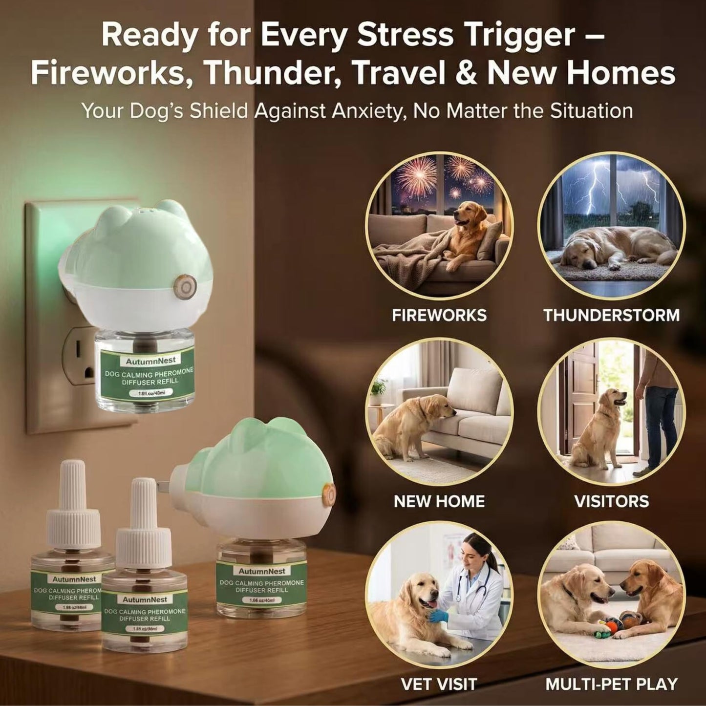 8-in-1 Dog Calming Pheromone Diffuser Kit – Pet Stress Support (2 Plug-Ins & 6x48ml Refills), Calming Diffuser for Dog During Thunderstorms, Travel, Separation, Fireworks & Vet Visits, 180-Day Supply WN420