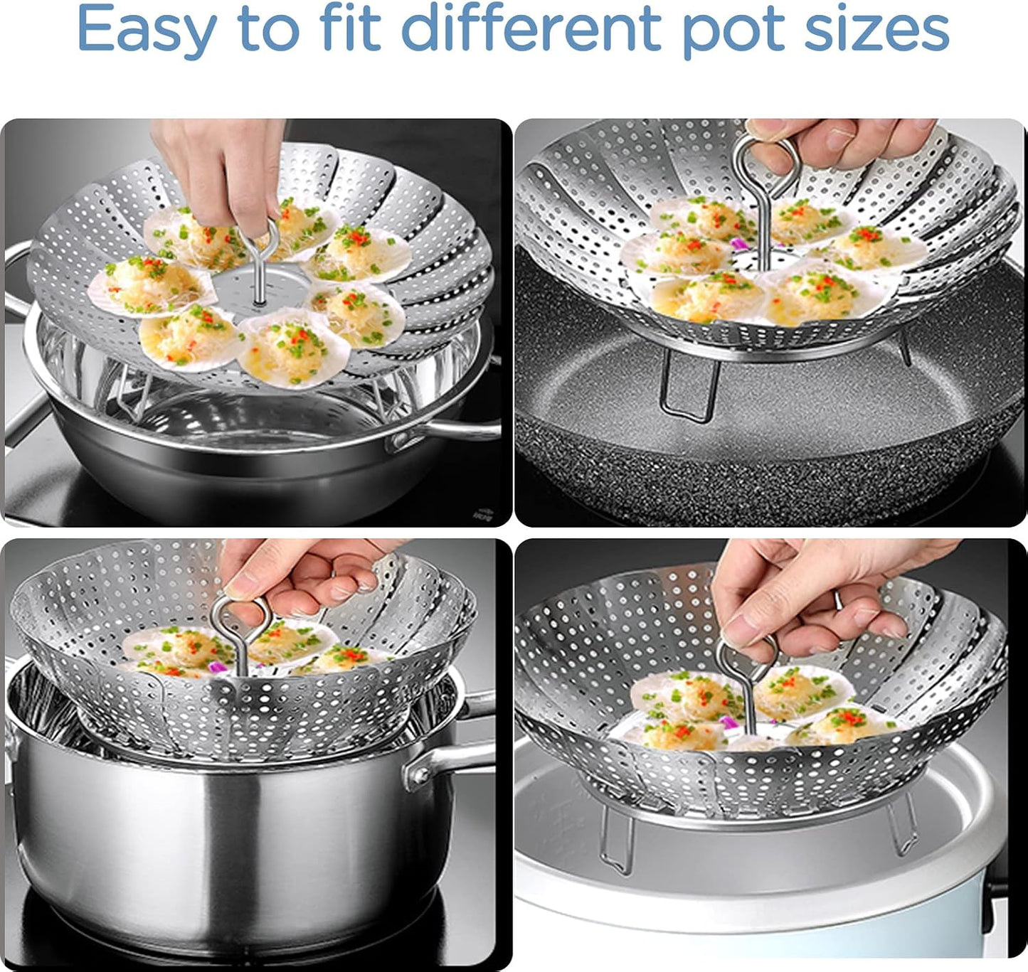304 Stainless Steel Vegetable Steamer Basket, Expandable Insert for Cooking, Fits 6.4 to 10.2 Inch Pots, Includes 7.3 Inch Kitchen Tongs WN420