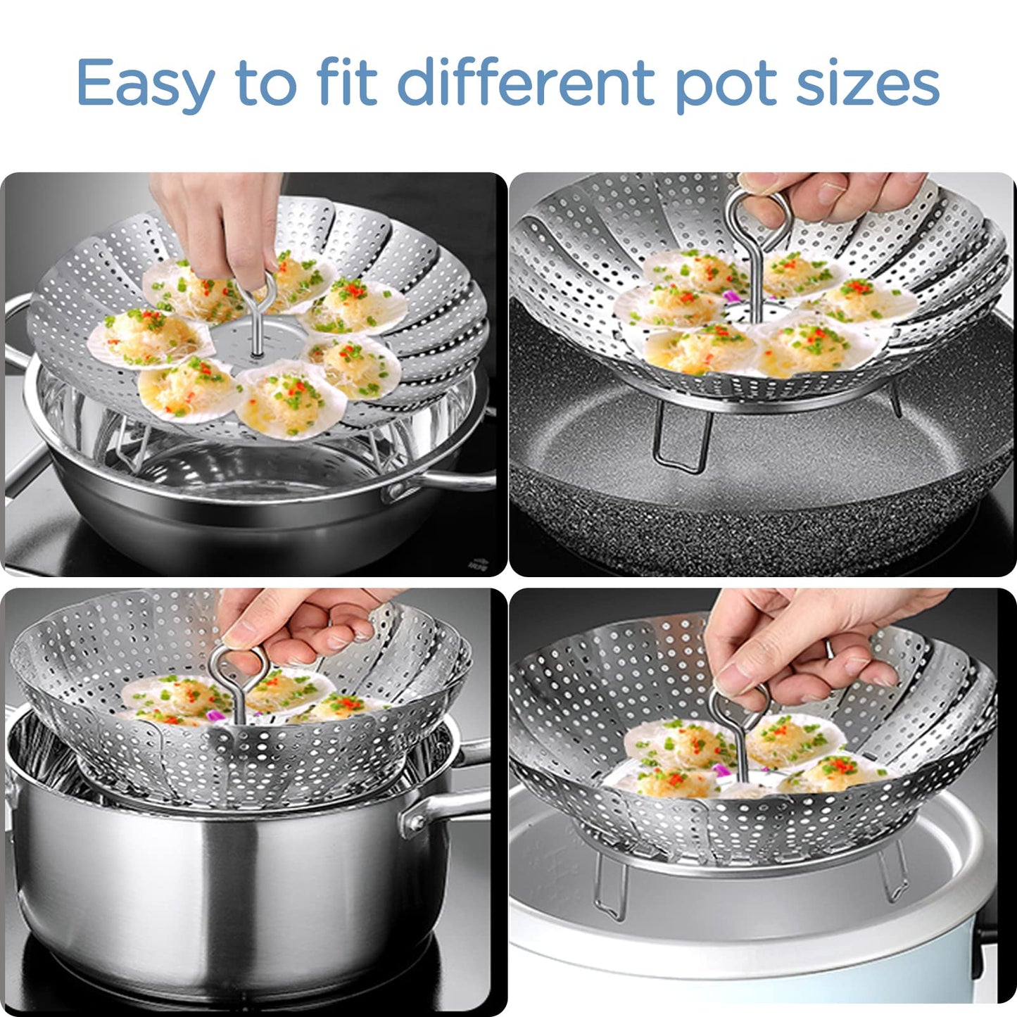 304 Stainless Steel Vegetable Steamer Basket, Expandable Insert for Cooking, Fits 6.4 to 10.2 Inch Pots, Includes 7.3 Inch Kitchen Tongs WN420