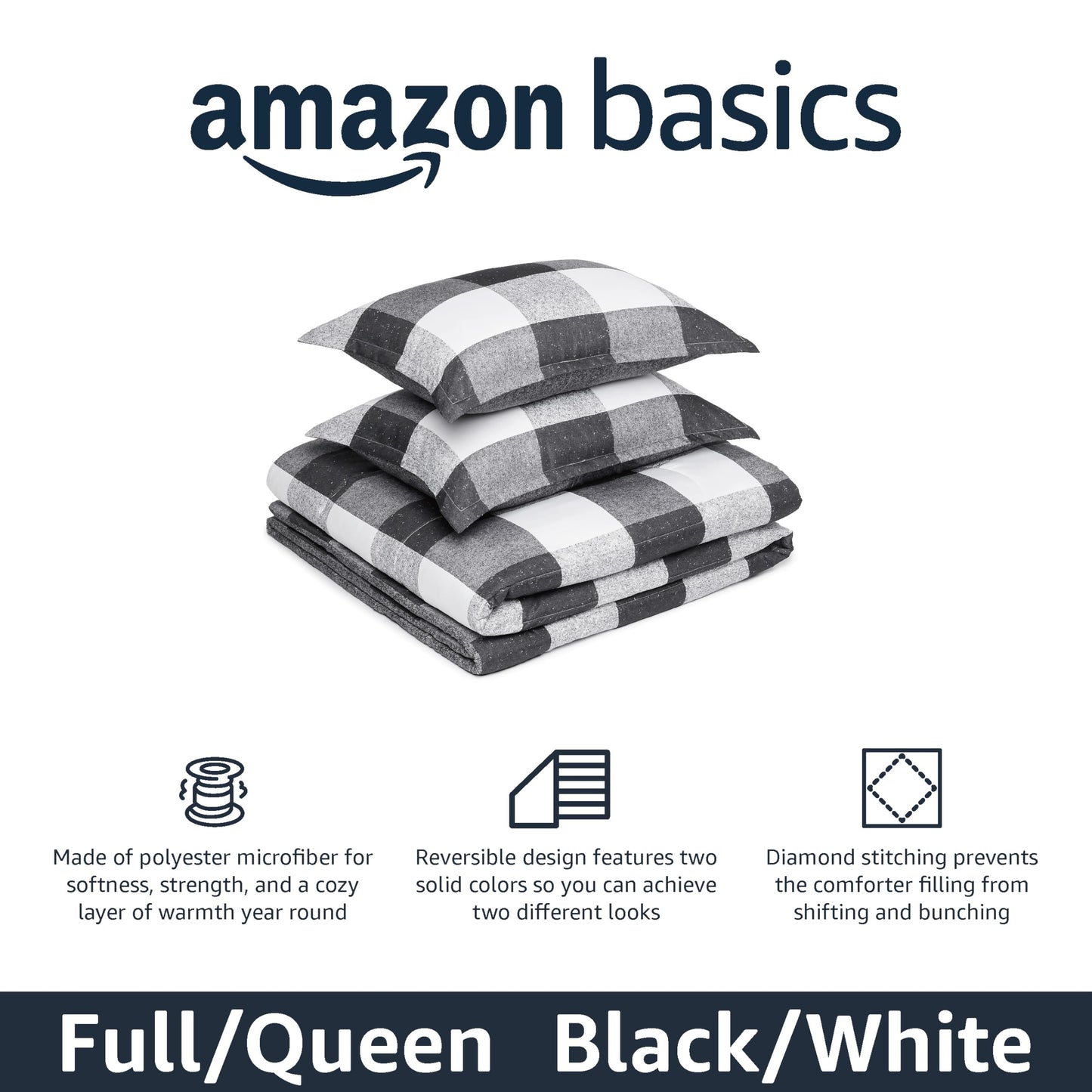 Amazon Basics Comforter Blanket, Reversible, Lightweight Microfiber, Machine Washable, All Season, Full/Queen, Black/Grey