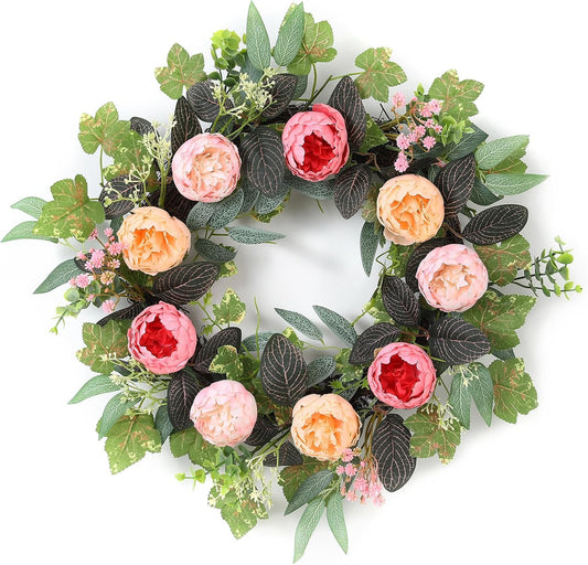 20" Peony Wreath for Front Door – Spring Summer Artificial Pink Peony Floral Wreath for Wall, Window, and Wedding Decor WN420