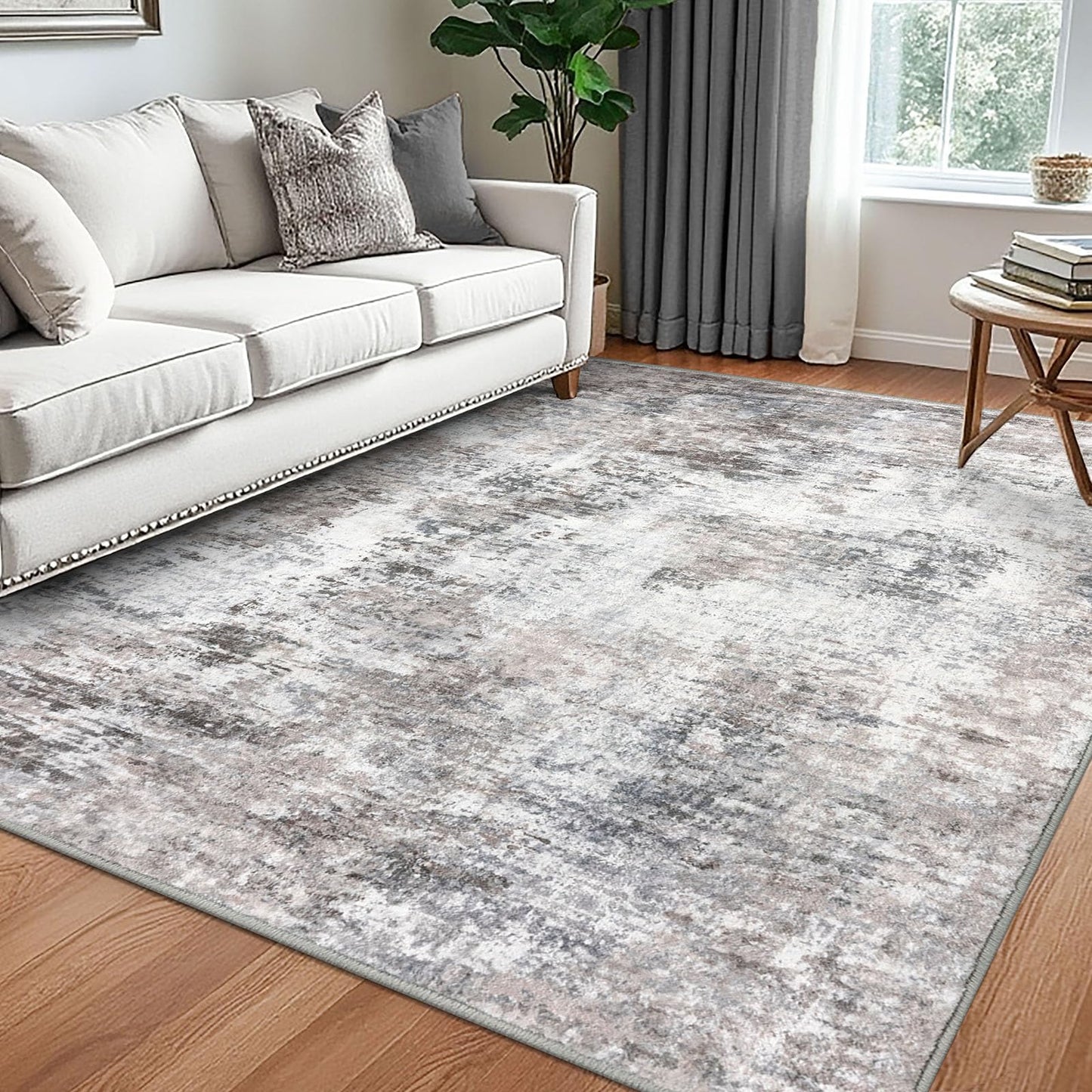 Lansny Modern Abstract Runner - 2x5, Beige Grey Washable Kitchen Entryway Rug Mat Non-Slip Soft Neutral Hallway Rug Thin Print Faux Wool Carpet for Bedroom Laundry Room Indoor BST220