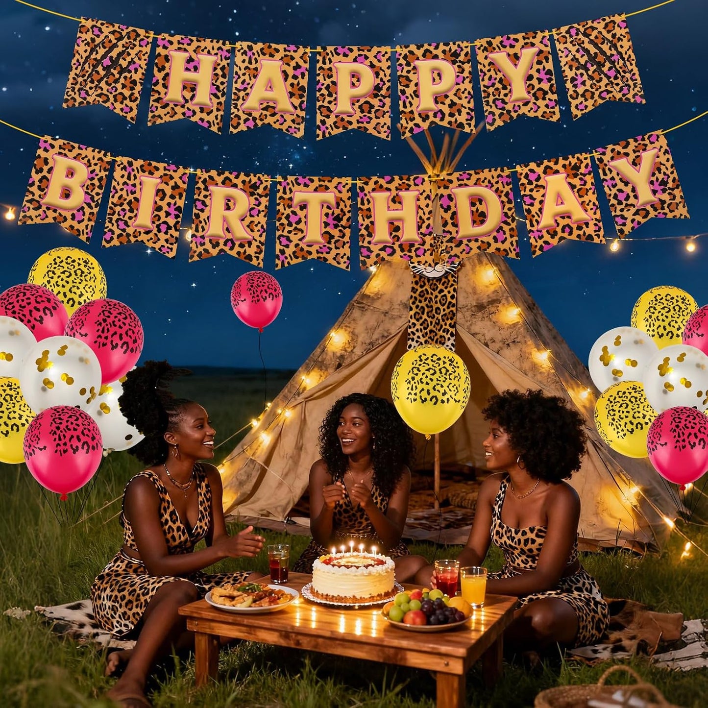 Cheetah Print Birthday Decorations, Pink Gold Leopard Happy Birthday Banner with Balloons for Girls Women Safari Animal Theme Party Celebration Decor Supplies WN420