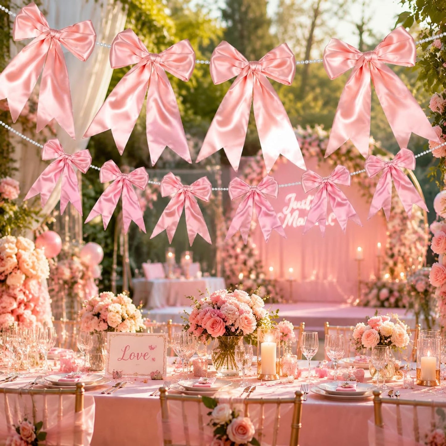 2 Pcs 8.5 ft Large Pink Bow Garland Banner with Pearl Chain Satin Ribbon Pink Bow Hanging Wall Decor for Wedding Birthday Bachelorette Coquette Bridal Baby Shower Engagement Decoration BST202