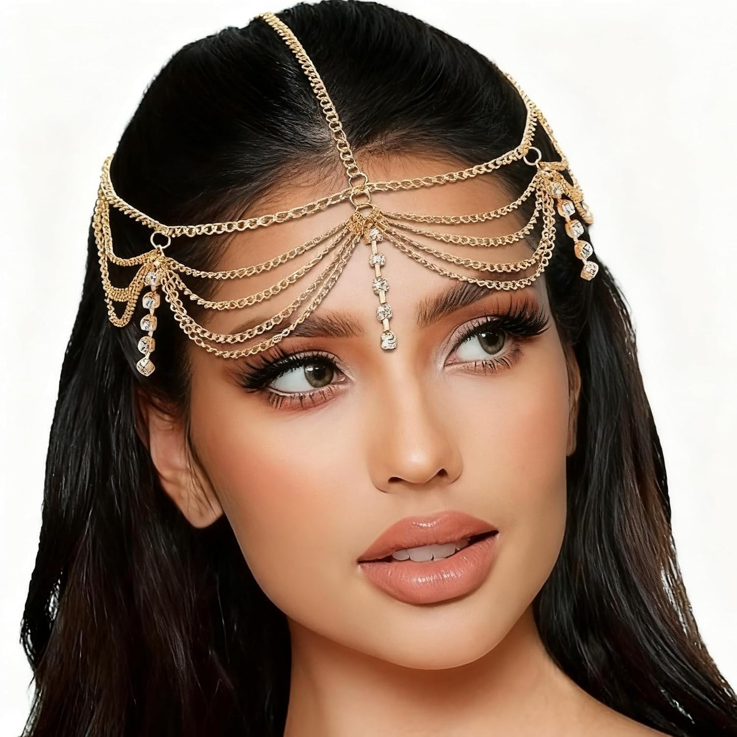 Gold Rhinestone Boho Head Chain,Goddess Headpiece,Festival Costume Headband Accessories for Bride Daily Hair Accessories Prom Makeup WN420