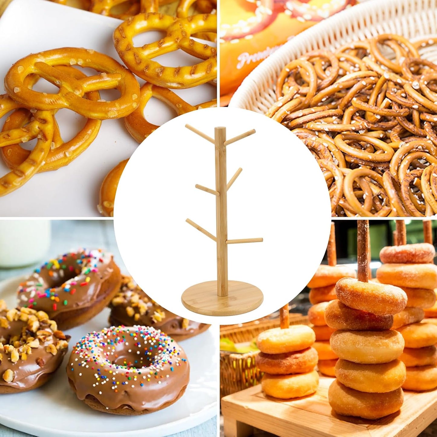 Pretzel Holder Stand, Bamboo Pretzel Rod Holder, Bamboo Tree-Shaped Pretzel Stand For Pretzel Display and Hanging Sausage Stand, Pretzel Holder for Christmas Wedding Birthday Treat Party (1PC) BST326L