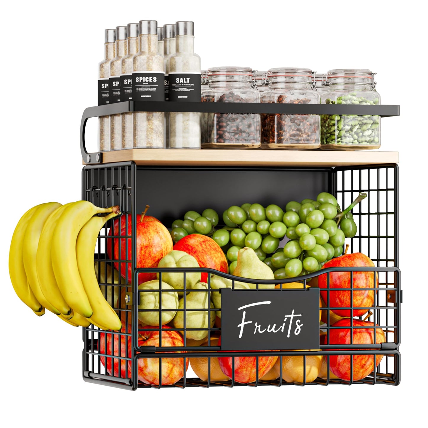 Magnetic Shelf for Fridge,Hanging Wall Basket for Potato Onion Fruit and Vegetable Storage Bins,Large Produce Container Magnetic Spice Rack for Refrigerator Kitchen Counter Pantry,Black BST220